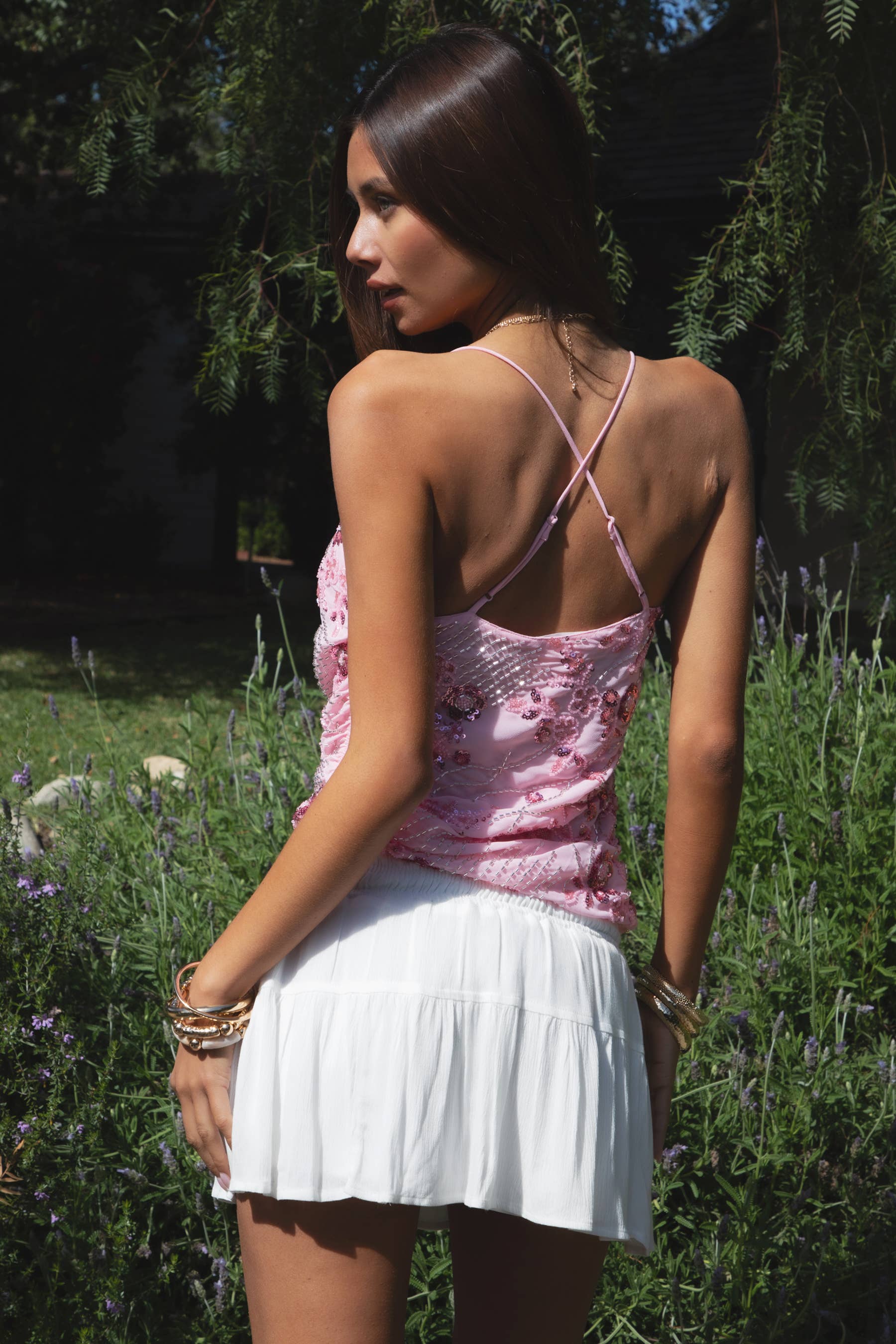 - AURYA Chiffon Sequin Beaded Cowl Neck Cropped Top