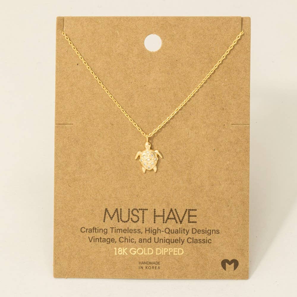 Fame Accessories - Gold Dipped Cz Studded Turtle Pendant Necklace