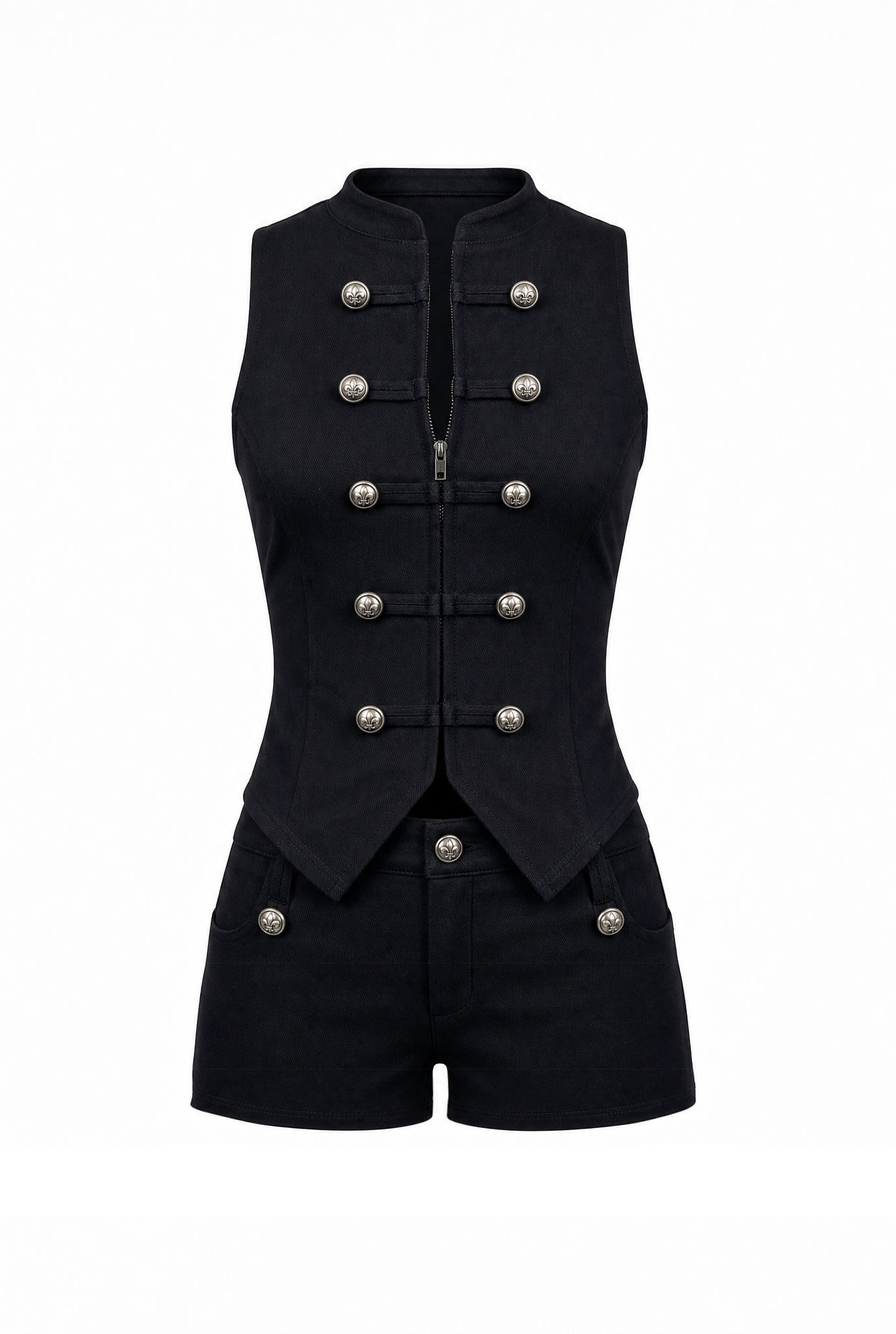 No Vacancy - Twill napoleon sleeveless zip up top & shorts set