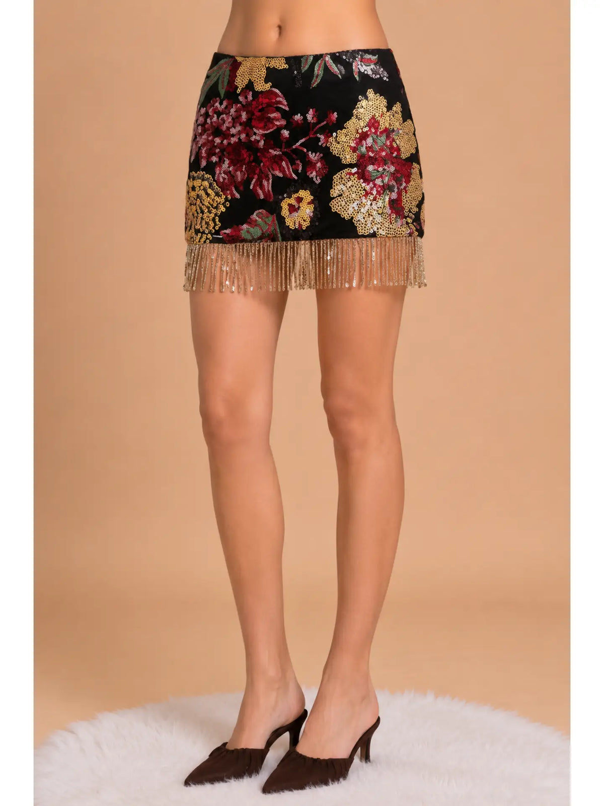 Floral Sequin Fringe Mini Skirt