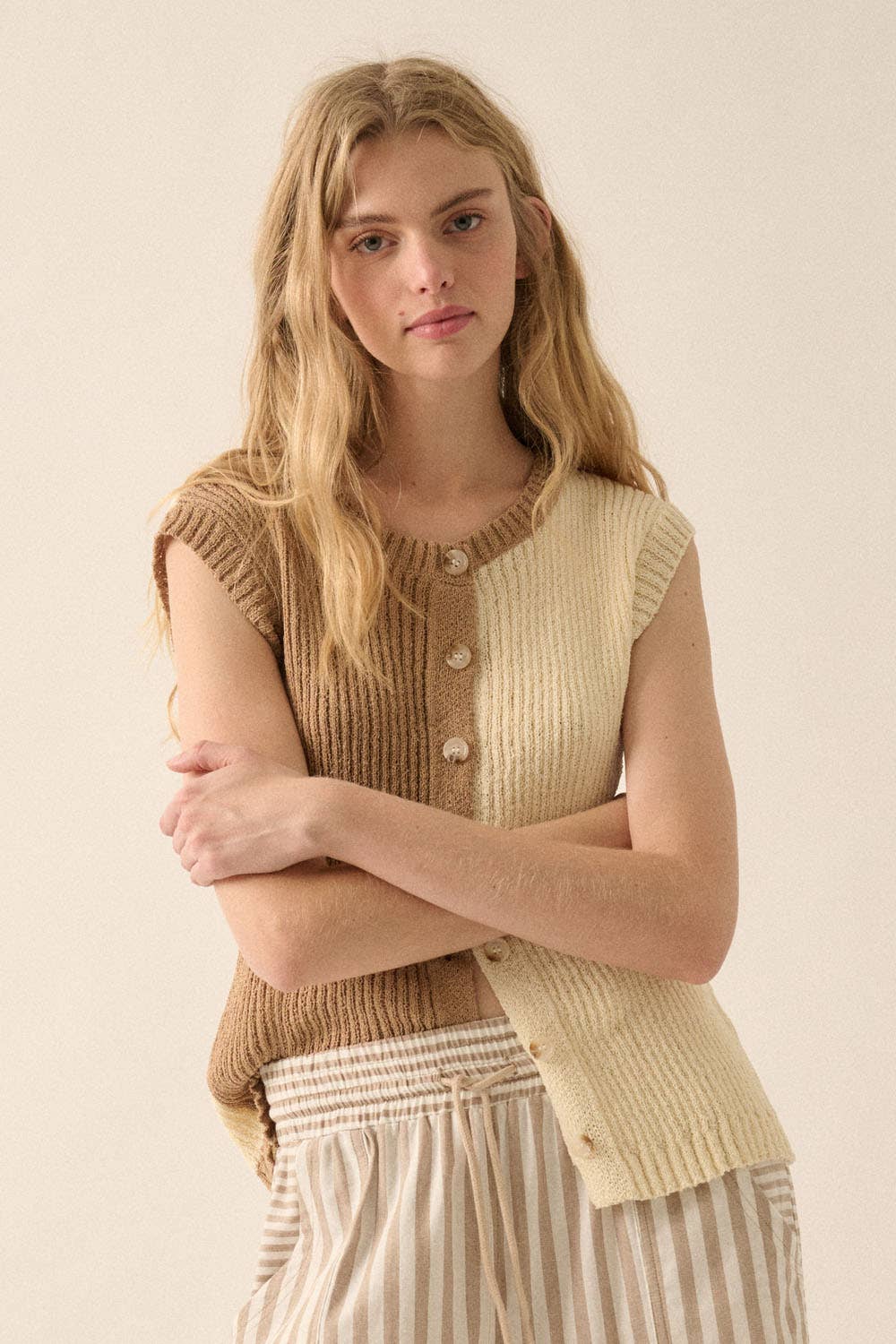 Colorblock Knit Button-Front Sweater Vest
