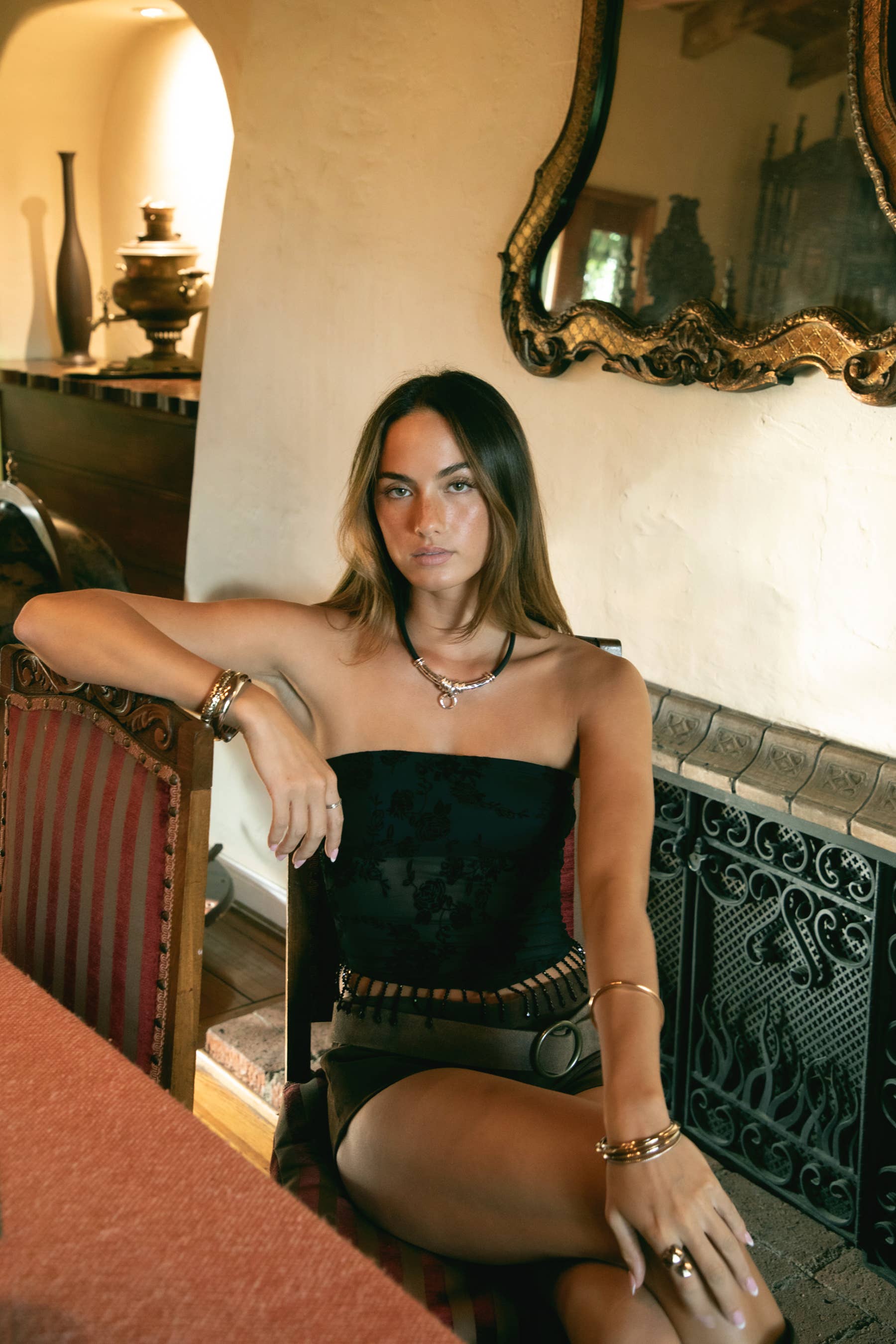 Flocked Mesh Sequence Beaded Bandeau Strapless Top