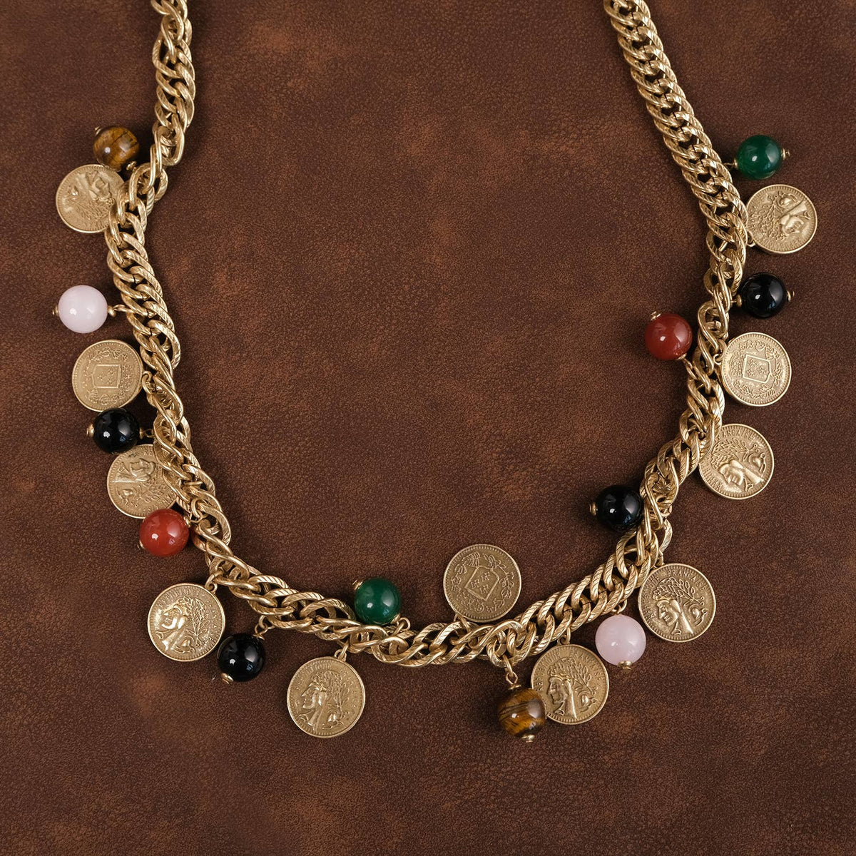 GirlyPirateCo - Vintage 18K Gold Plated Coin&Gemstone Charm Sweater Necklace