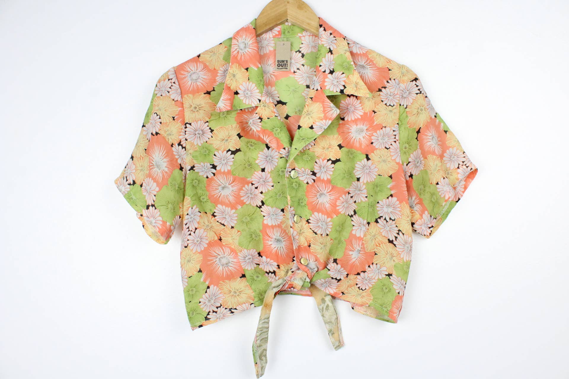 Reworked Vintage Short-Sleeve Button Up Blouse - Tied Front