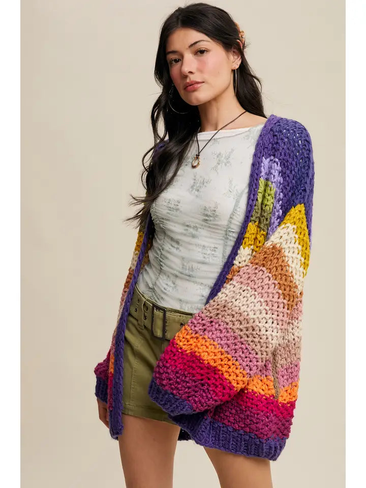 Rainbow Hand-Crochet Open Cardigan