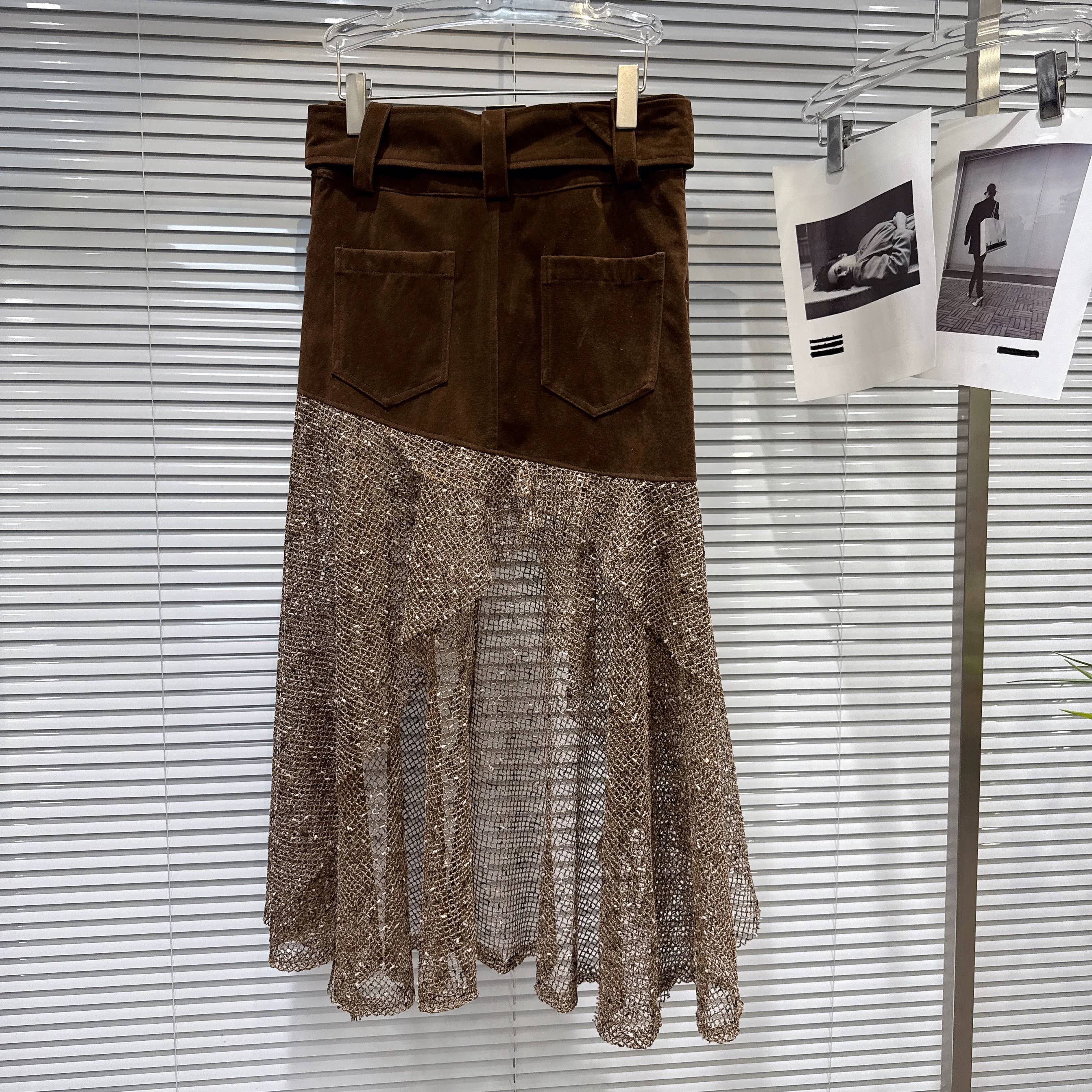 Retro Studded Belt Metallic Mesh Midi Skirt Women