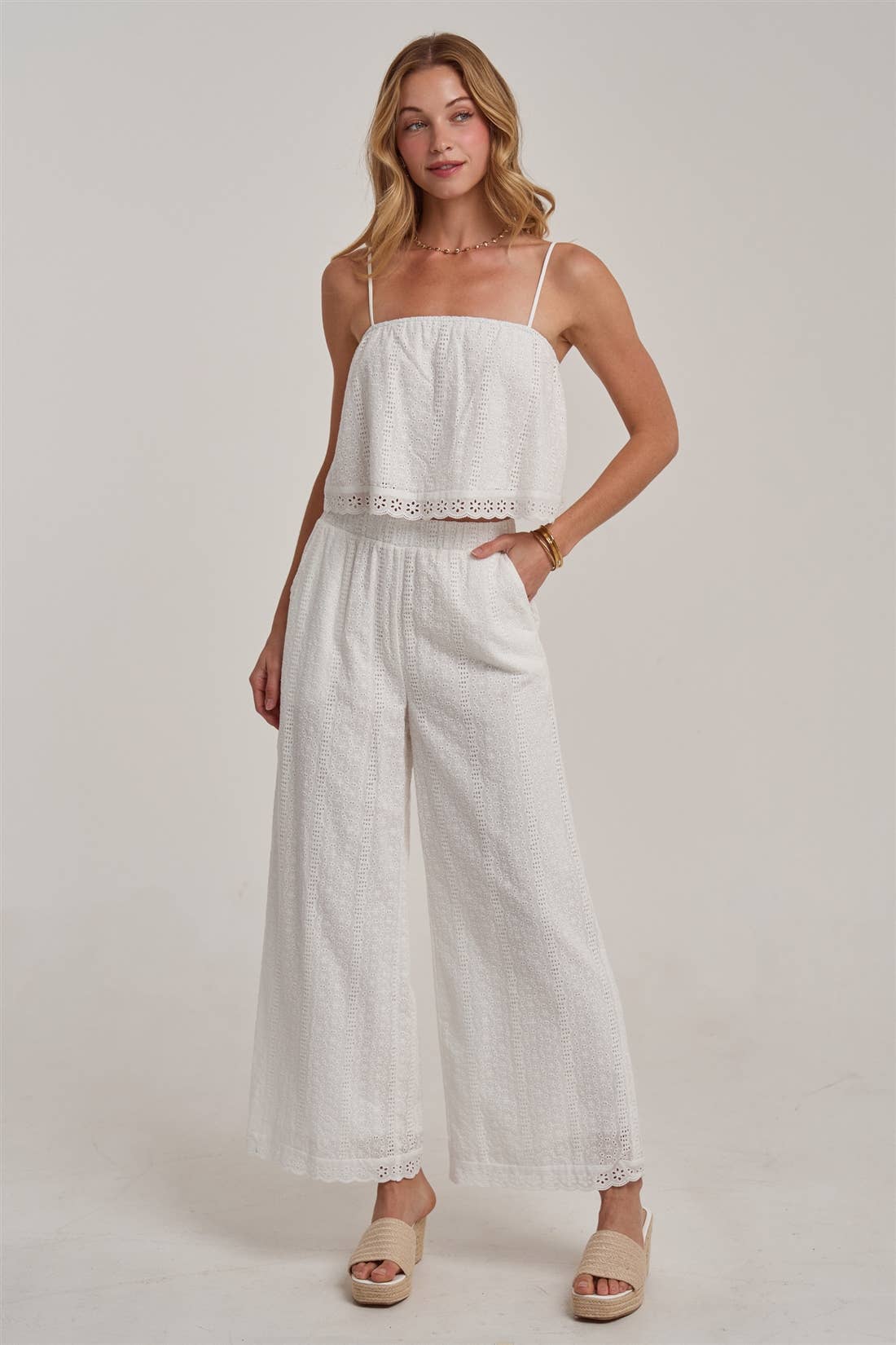 BON - EYELET LACE CROPPED CAMI TOP AND WIDE LEG PANTS SUMMER SET