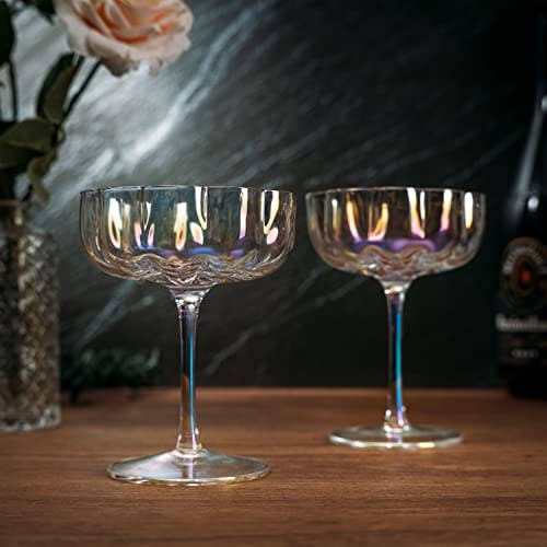 The Wine Savant /  Khen Glassware - Flower Elegant Champagne & Cocktail Coupes - Iridescent Set2