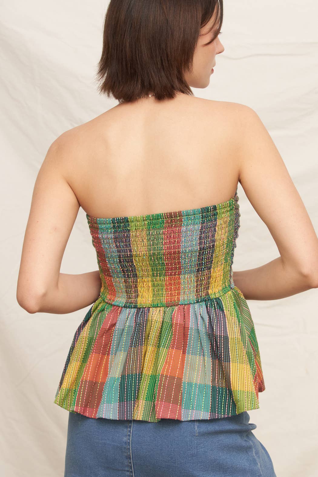 Multicolor Plaid Strapless Ribbon Top