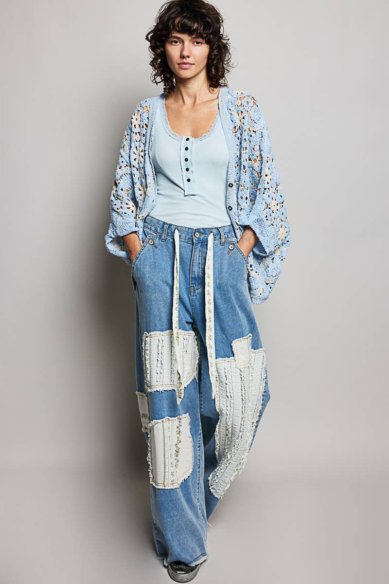 Pol Clothing - V-Neck Button Down Crochet Batwing Sleeve Cardigan Top