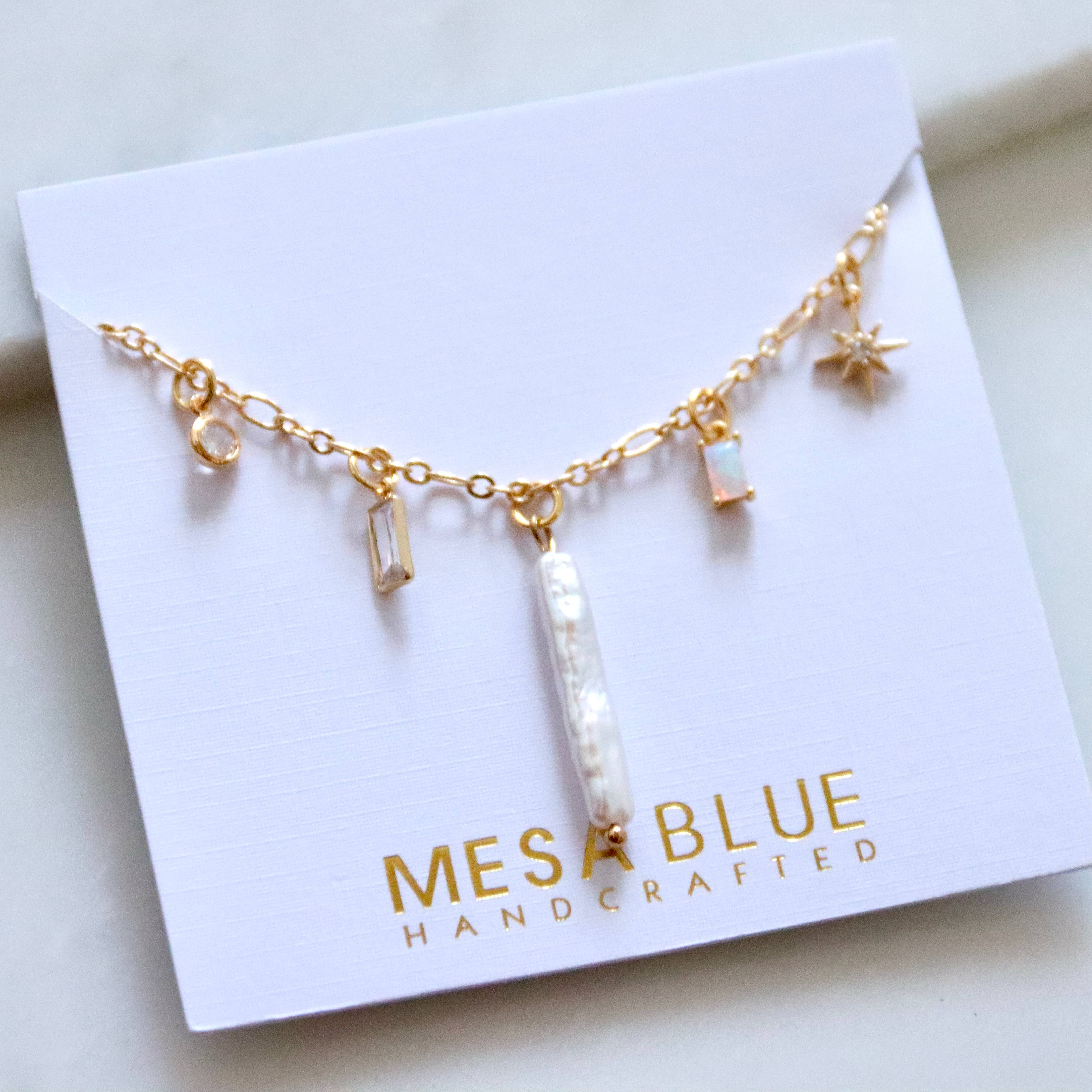 Mesa Blue - Pearl, Opal, CZ Charm Necklace 