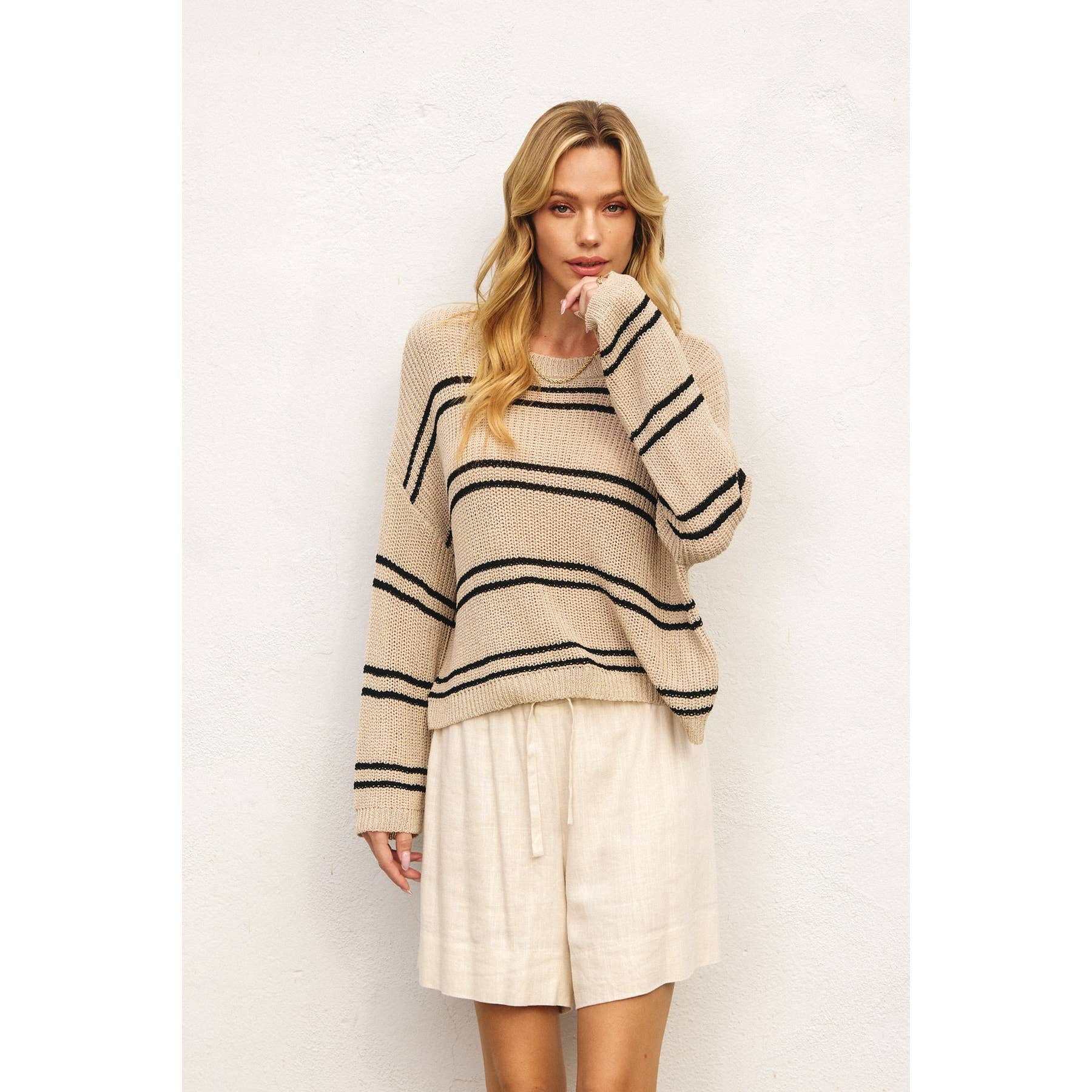 Double Striped Long Sleeve Open Knit Top