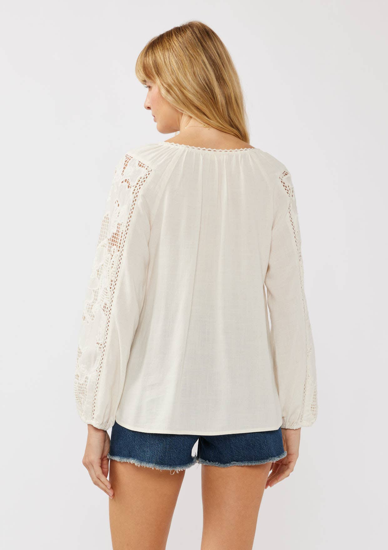 Lovestitch - Embroidered Lace Trim Split Neck Blouse