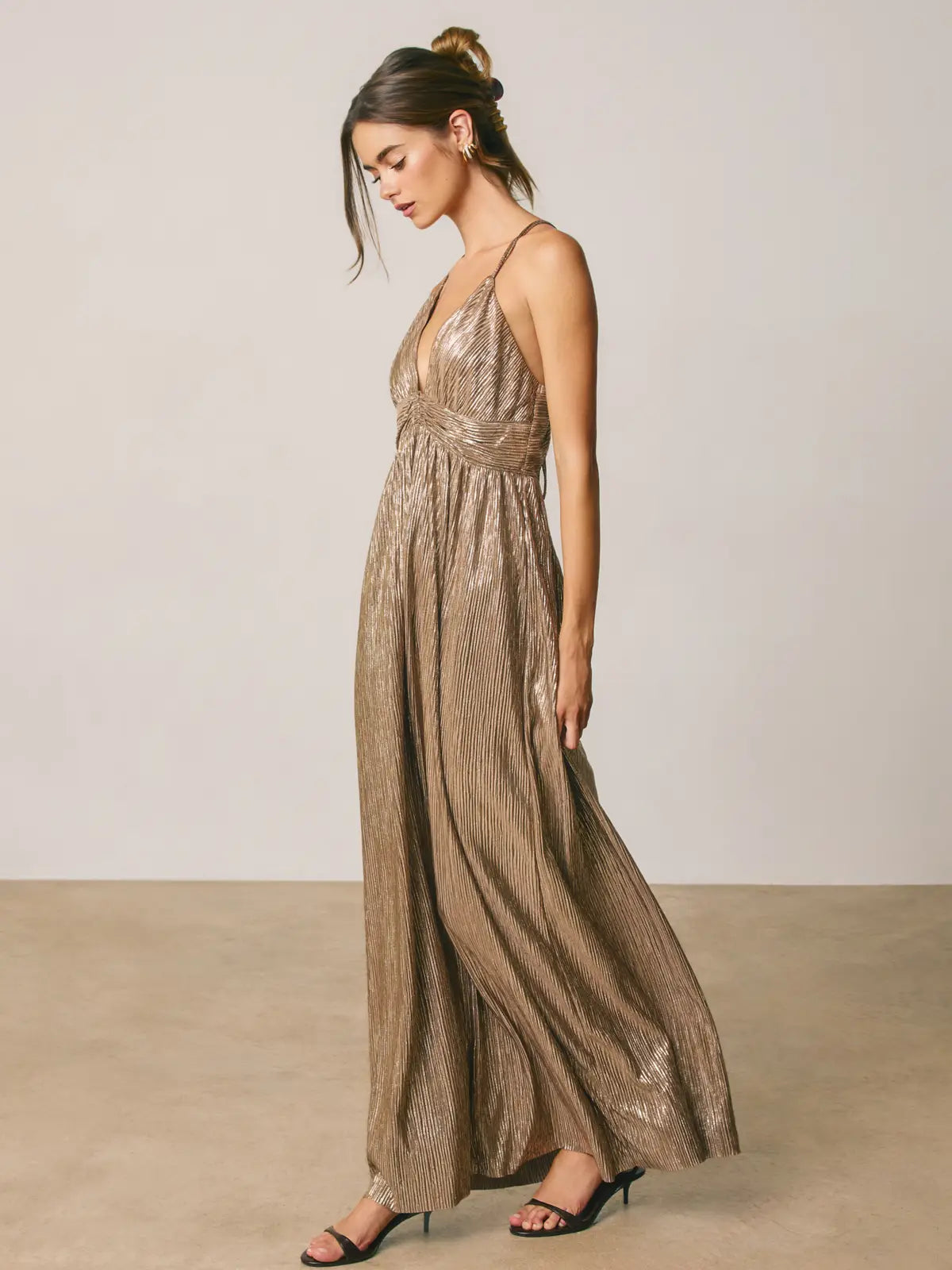 Gold Foiled Plunging Maxi Dress