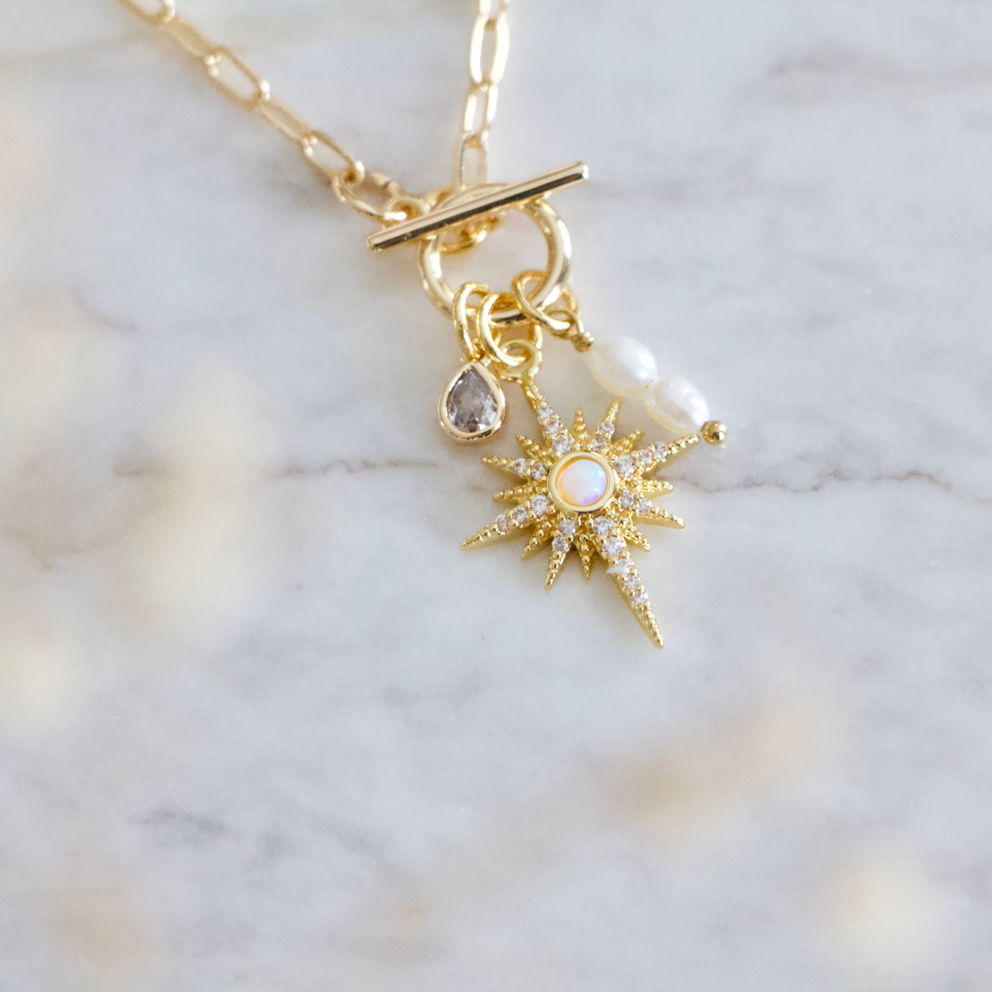 Mesa Blue - CZ, Opal Star, Freshwater Pearl,Charm Toggle Necklace