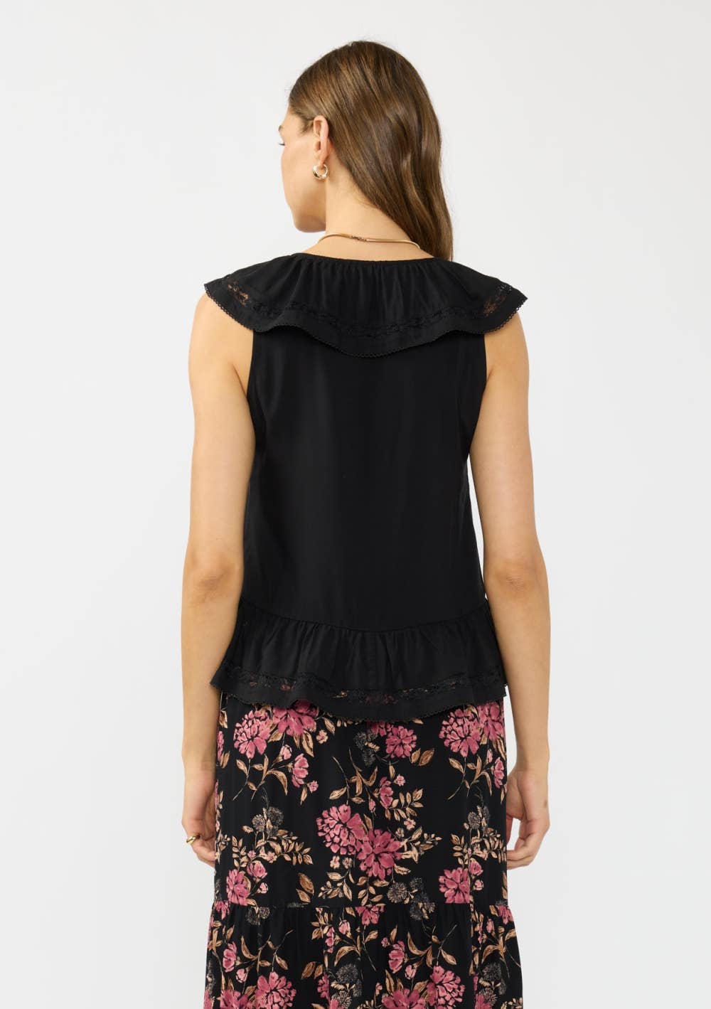 Lovestitch - V-neck Ruffle Sleeve Top with Lace Inserts & Shirred Hem