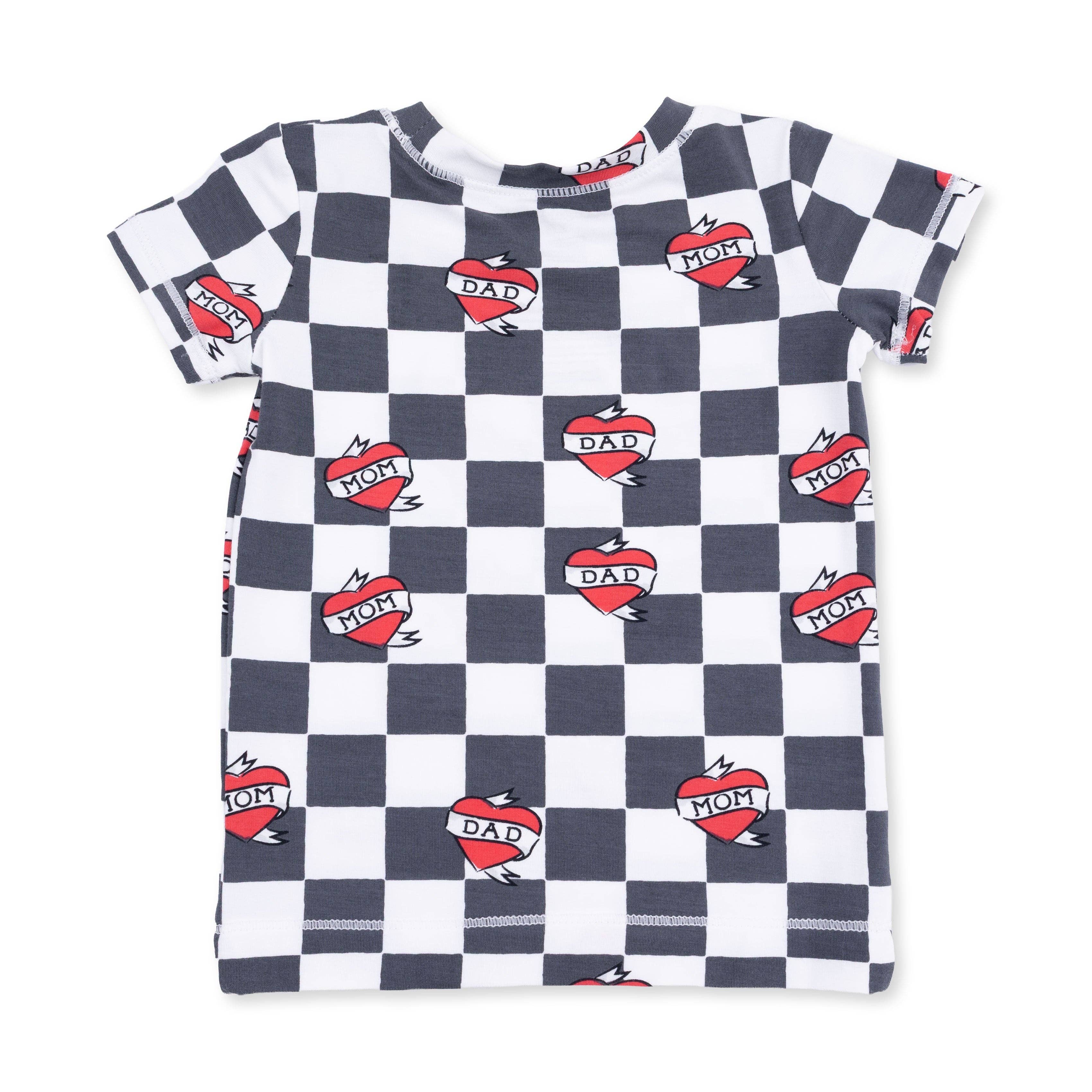 Angel Dear - Heart Tattoo Check Black - Short Sleeve Loungewear Set