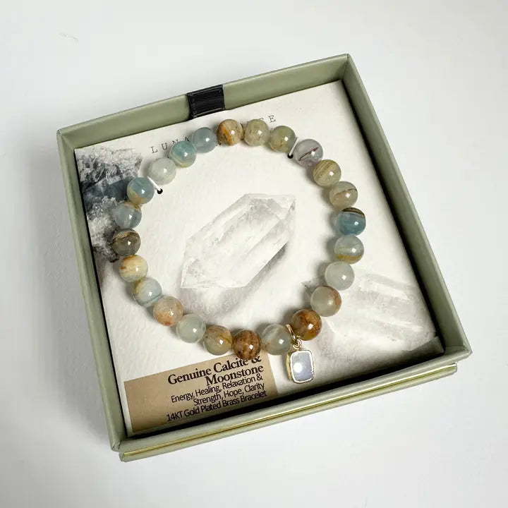 Earth, Wind and Fire Charm Stretch Bracelet-Moonstone, Calcite