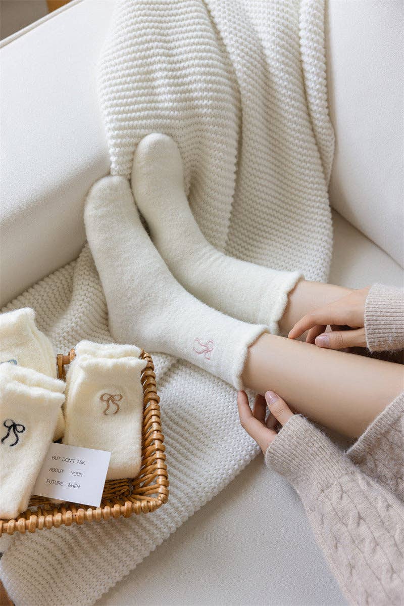 Dipped Shop - Winter Plush Solid Color Bow Embroidery Crew Socks