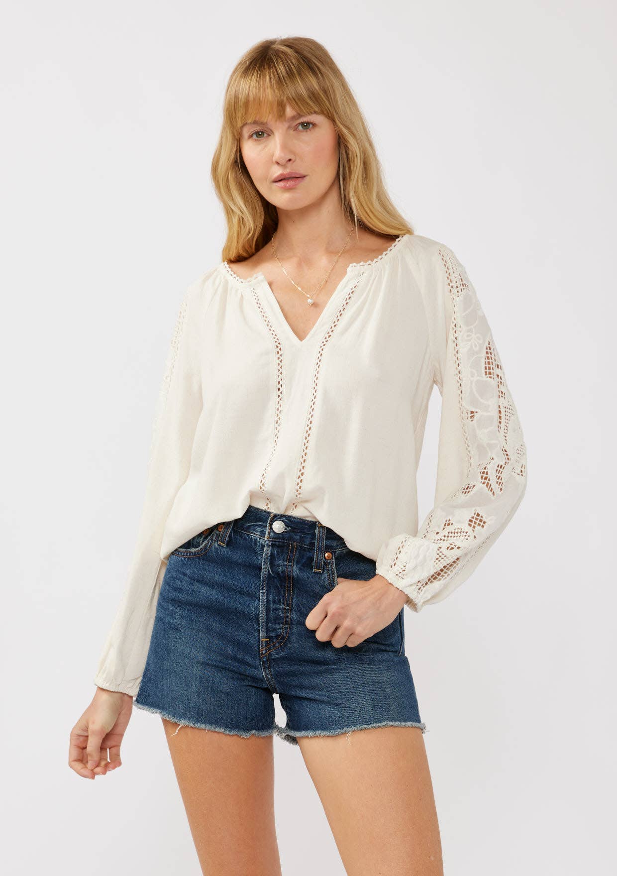 Lovestitch - Embroidered Lace Trim Split Neck Blouse