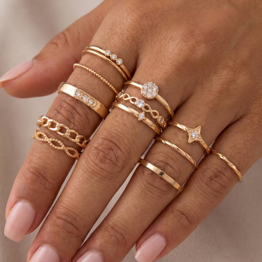 Fame Accessories - Crystal Star And Pave Stacking Ring Set