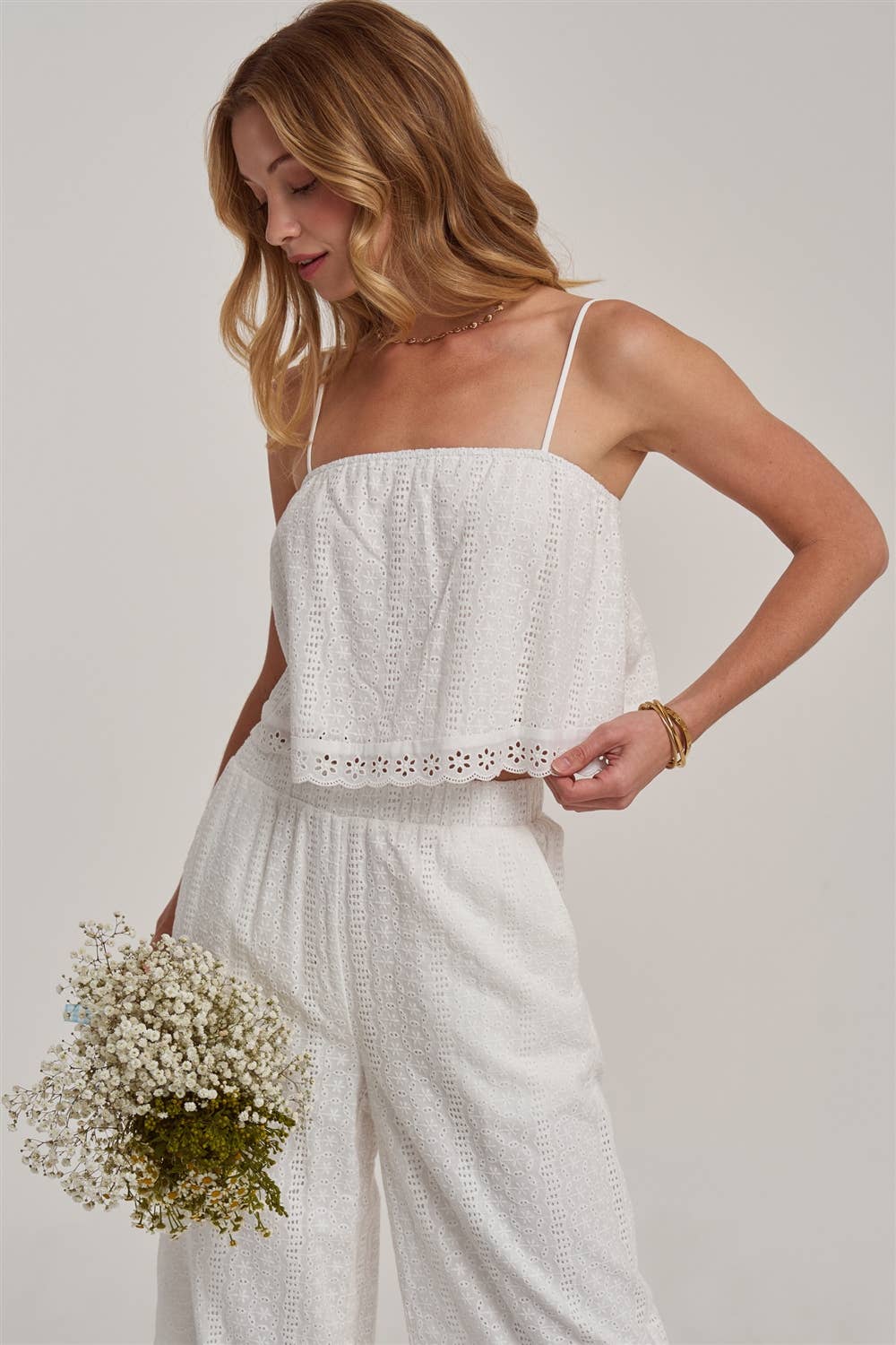 BON - EYELET LACE CROPPED CAMI TOP AND WIDE LEG PANTS SUMMER SET