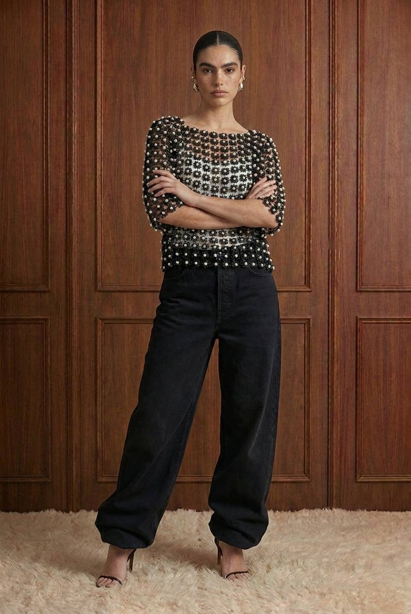 Beulah Style - Floral Guipure Pearl-Embellished Overlay Top