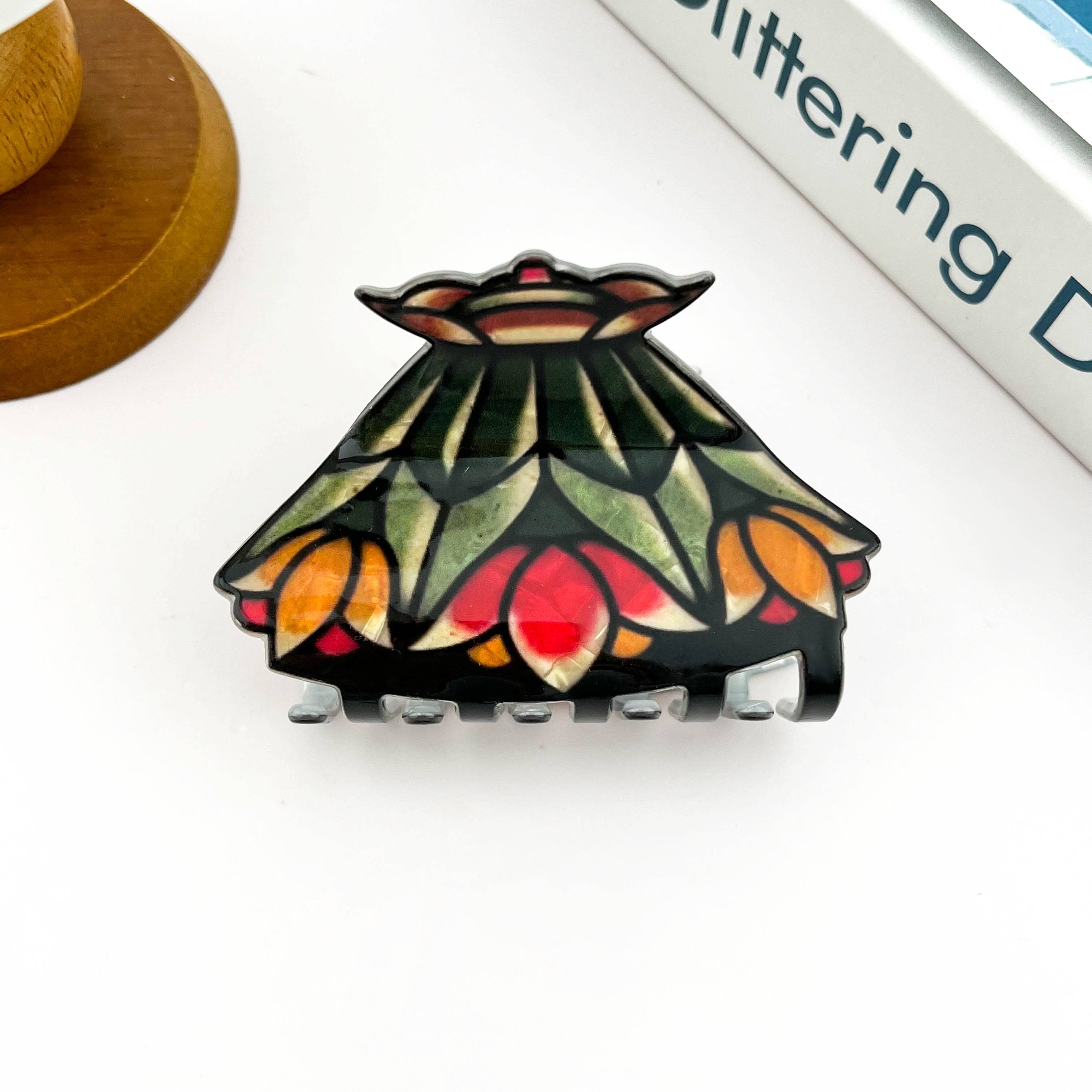SoapElenGlen - Vintage Floral Stained Glass Lamp Shade Acrylic Hair Claw