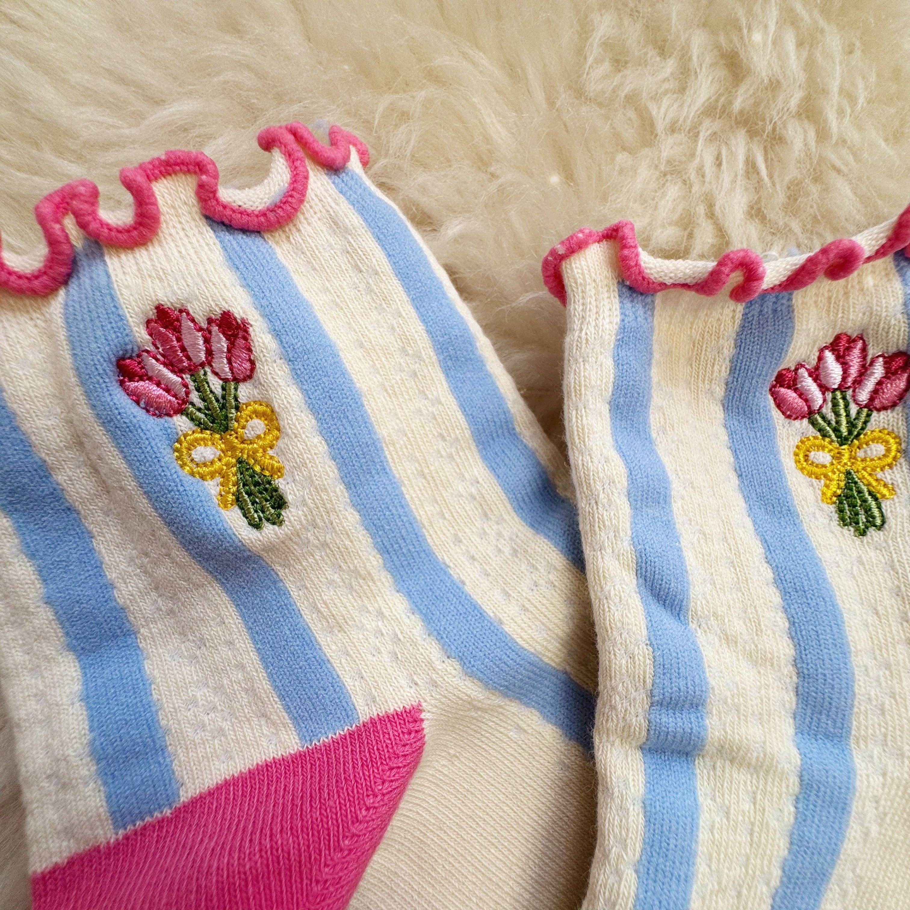 Wildflower + Co. - Tulip Embroidered Ruffle Pointelle Socks