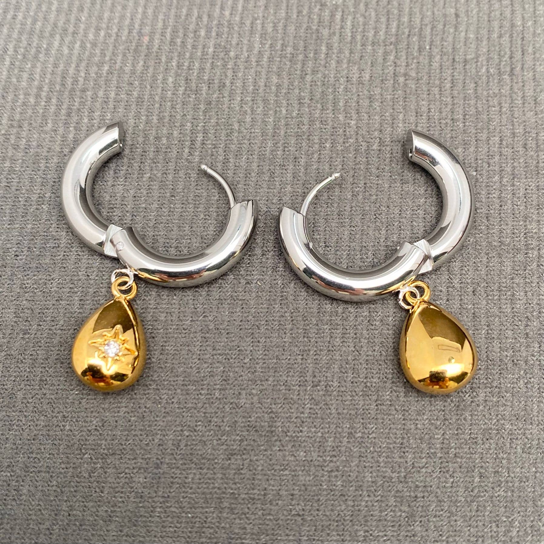 Mio Queena - CZ Inlaid Drop Two Tone 18K Golden SS Huggie Earrings - FGS