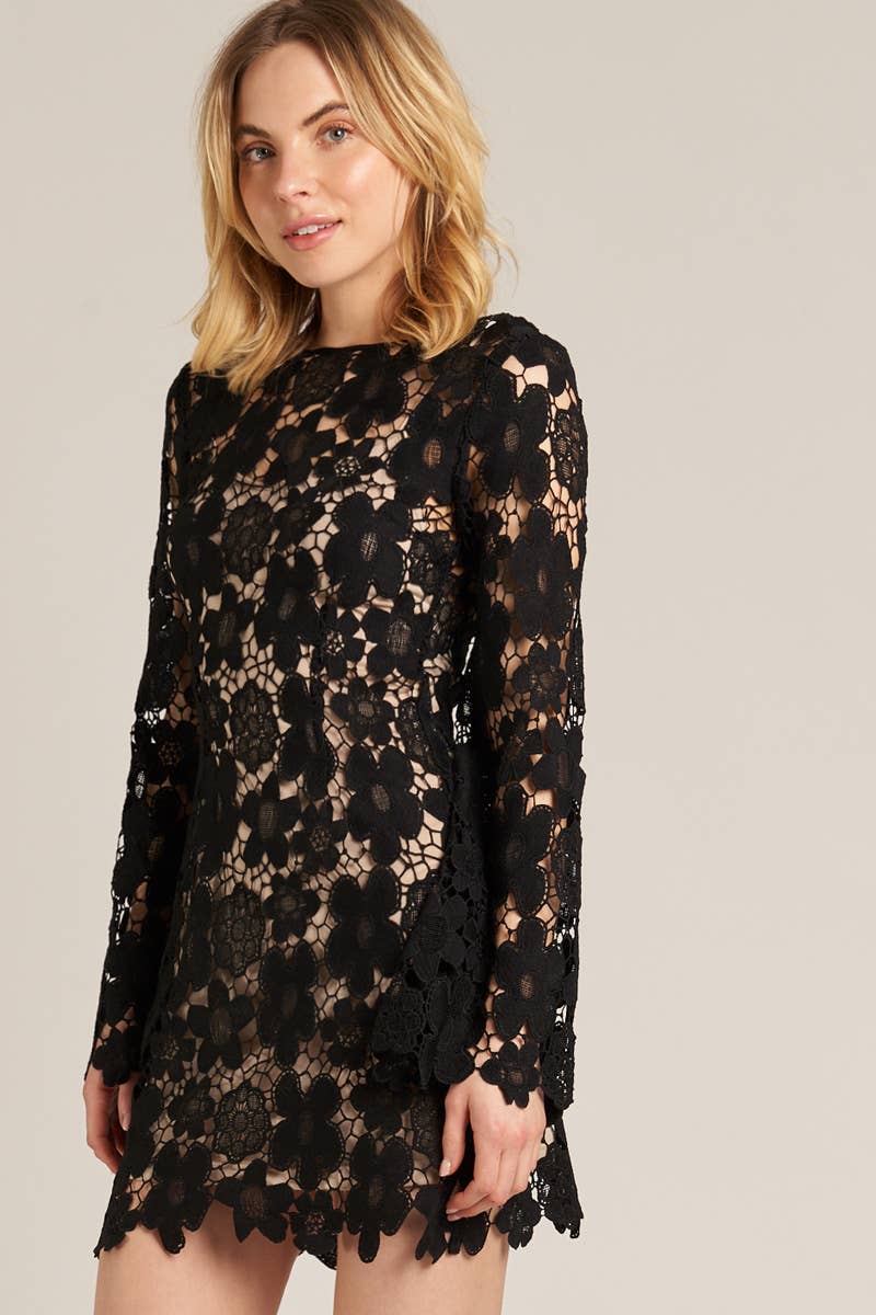 En Crème - Floral Lace Bell Sleeve Mini Dress