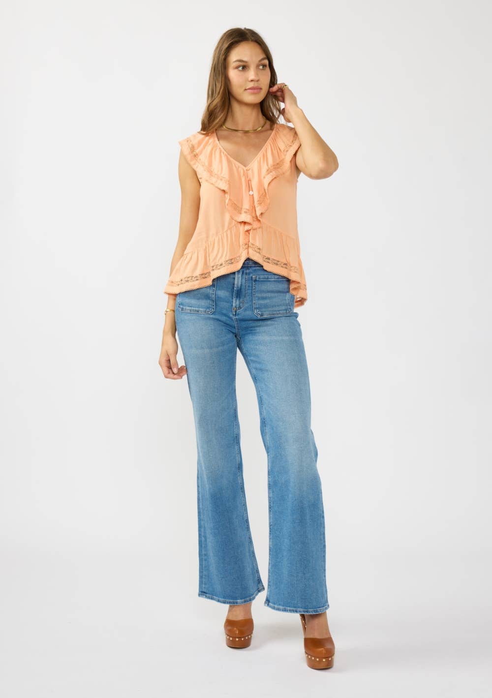 Lovestitch - V-neck Ruffle Sleeve Top with Lace Inserts & Shirred Hem