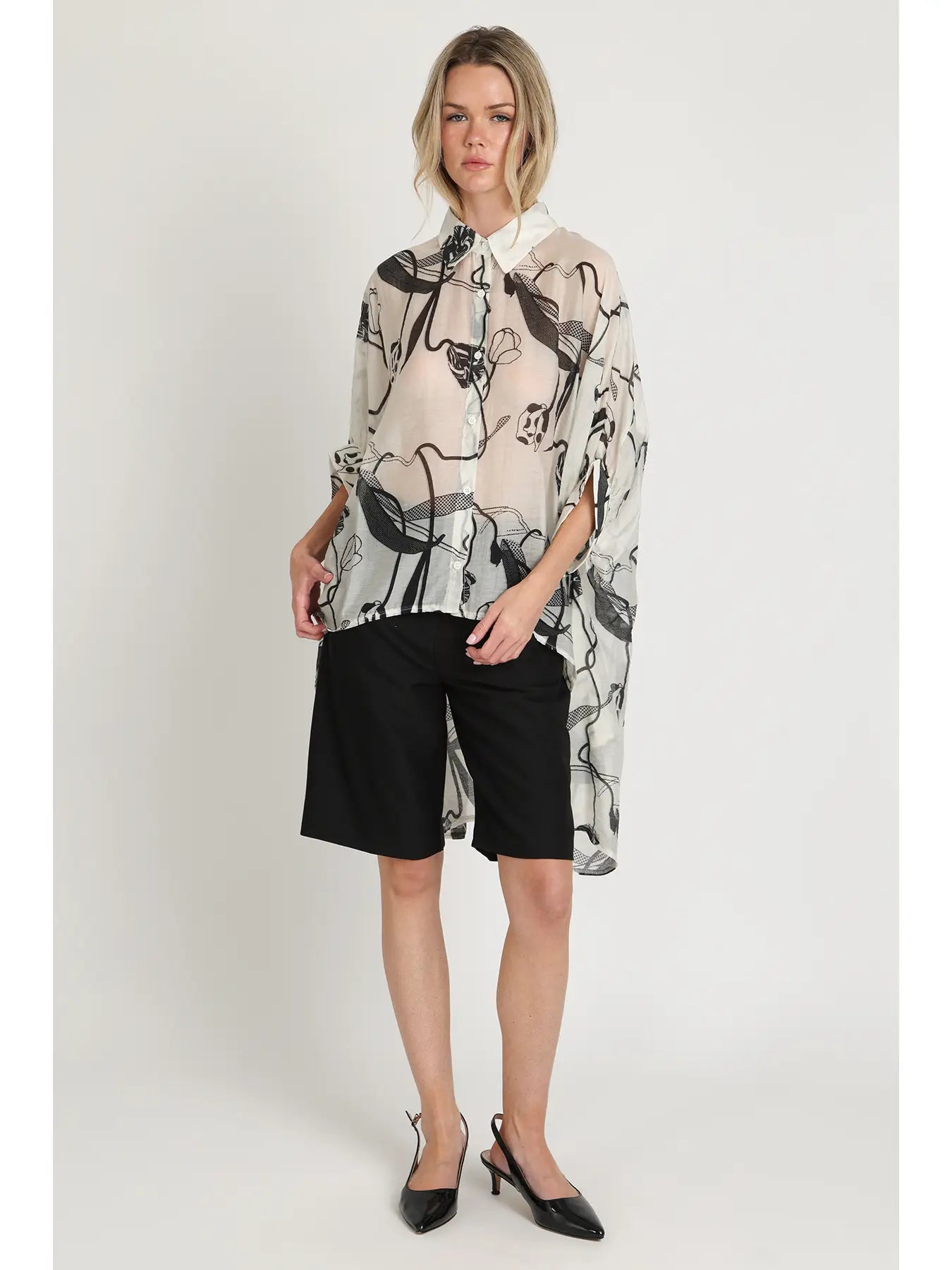 Abstract Print Sheer Hi-Low Button Down Tunic