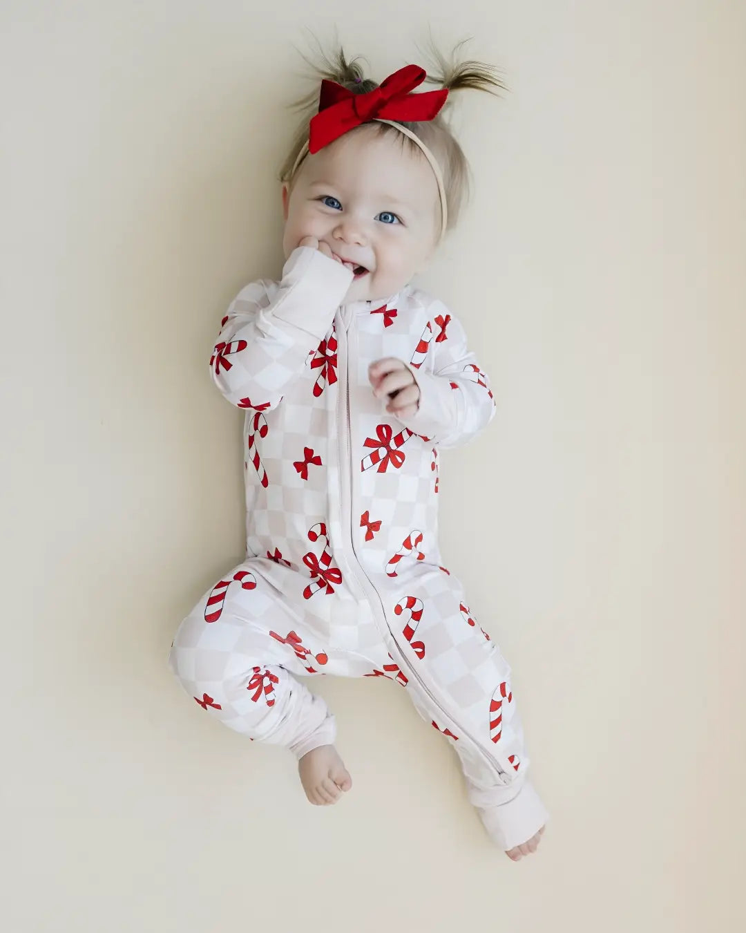 Christmas Baby Bamboo Clothes Zip Romper | Bows & Candy Cane