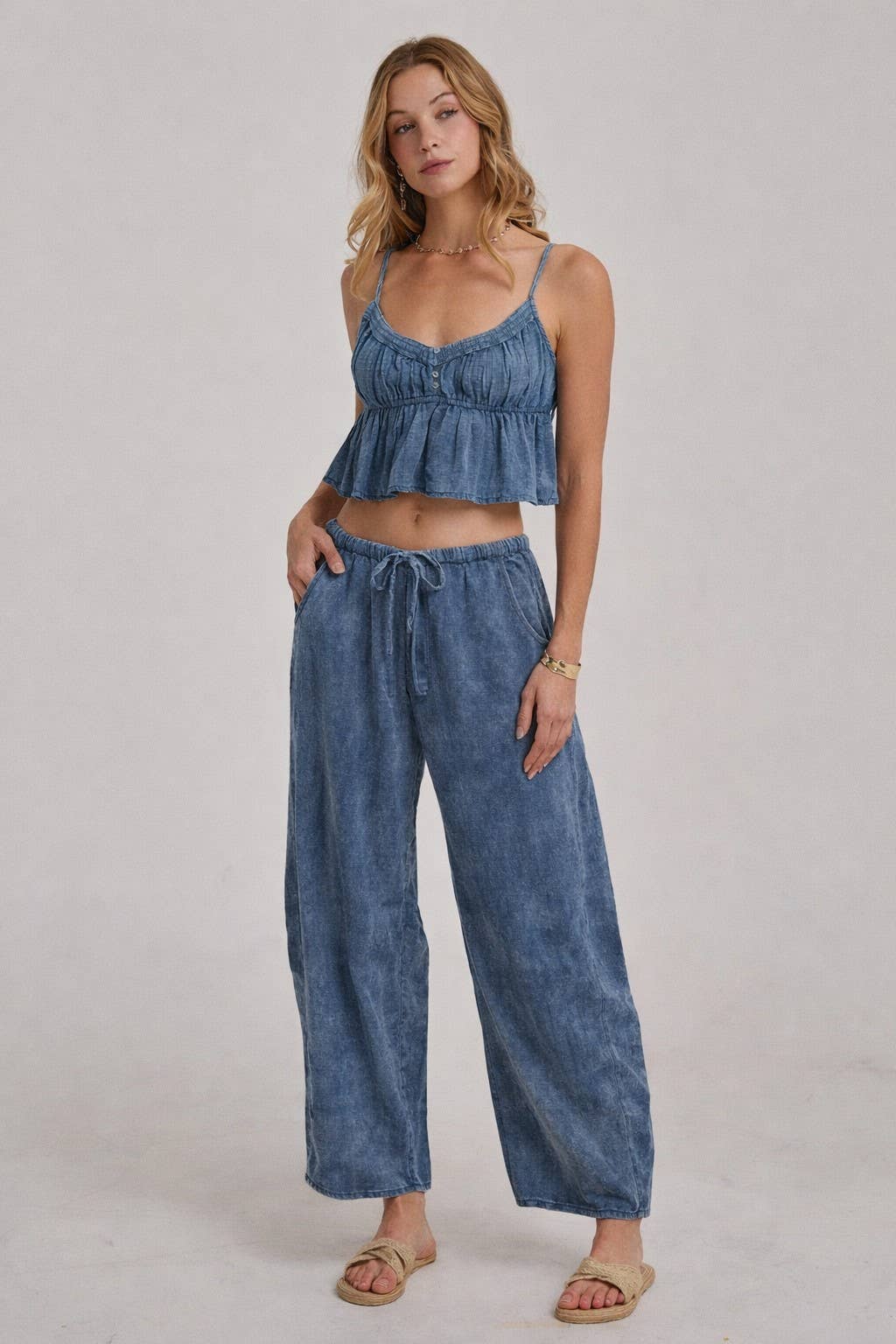 BON - MINERAL WASHED GAUZE CAMI TOP AND BARREL PANTS CASUAL SET