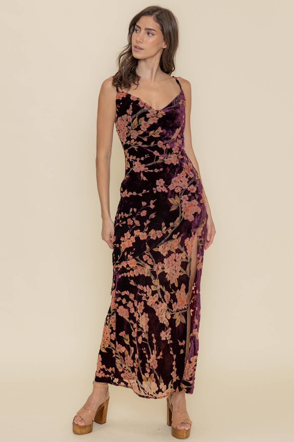 Fore Collection - COWL NECKLINE VELVET FLORAL MAXI DRESS-DI9249FO