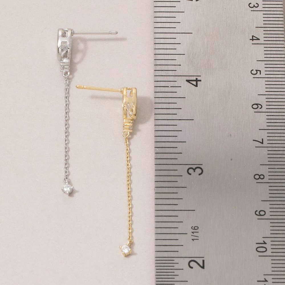 Fame Accessories - Oval Cz Bezel Stud With Long Chain Tassel Drop Earrings