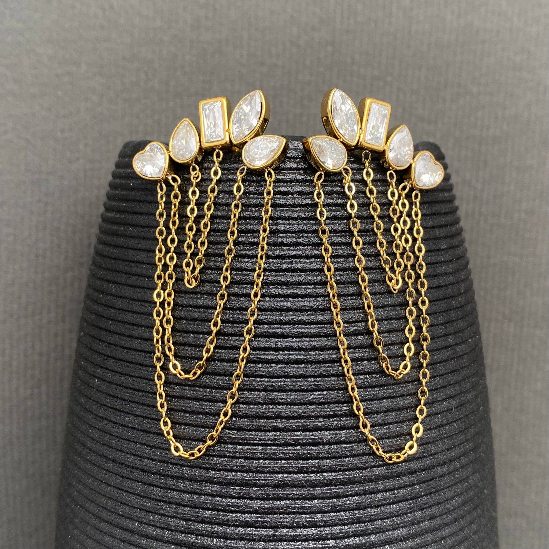 Mio Queena - Zircon Inalid Chain Tassel 18K Golden S.Steel Earrings - FGS