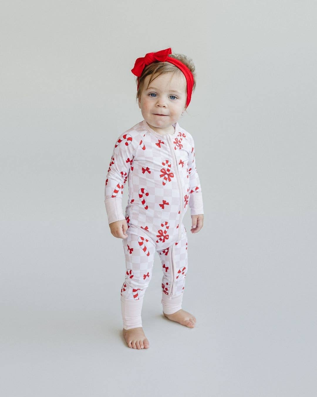 Christmas Baby Bamboo Clothes Zip Romper | Bows & Candy Cane