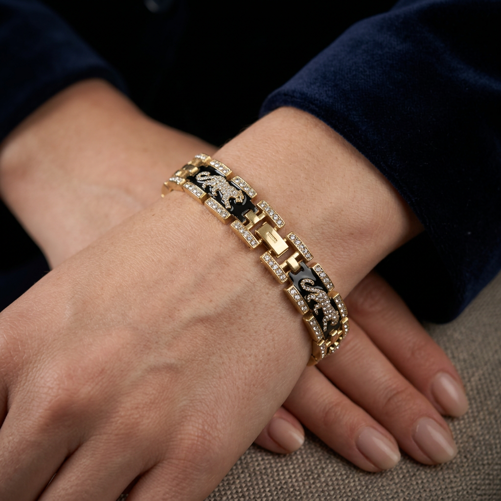 GirlyPirateCo - Vintage Gold Plated Enamel Crystals Leopard link bracelet