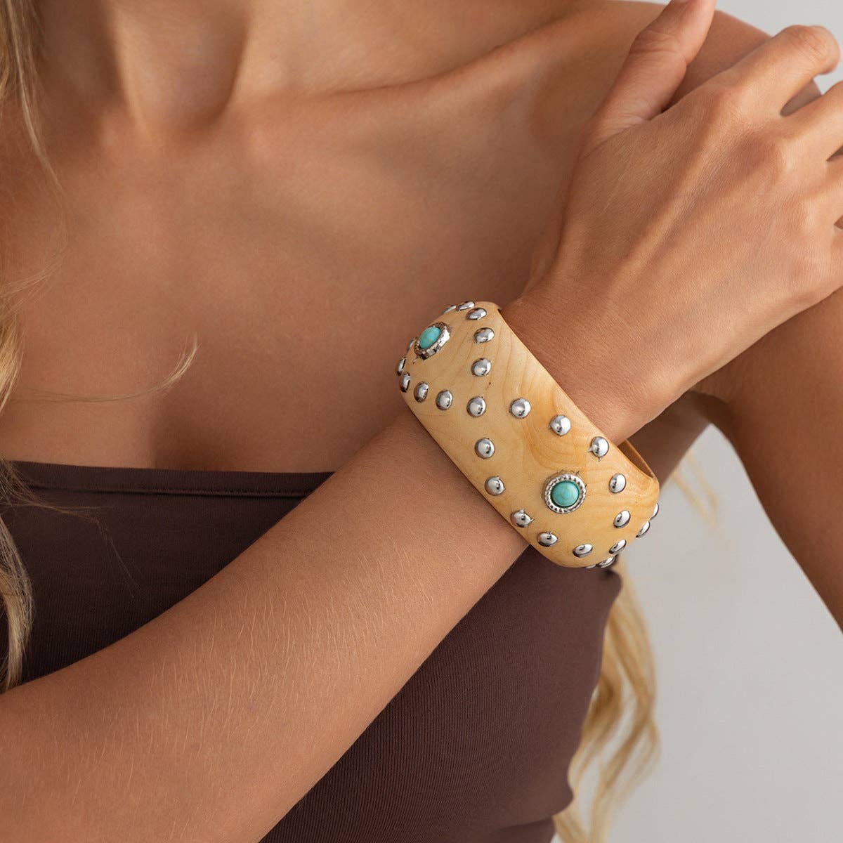 Dipped Shop - Punk Style Studded Wooden Wide Bracelet MK2ZCEP6W6JBR74
