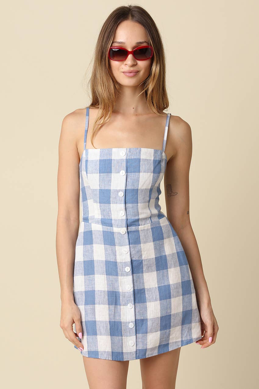 Olivaceous - Lisa Gingham Button Front Mini Linen Dress