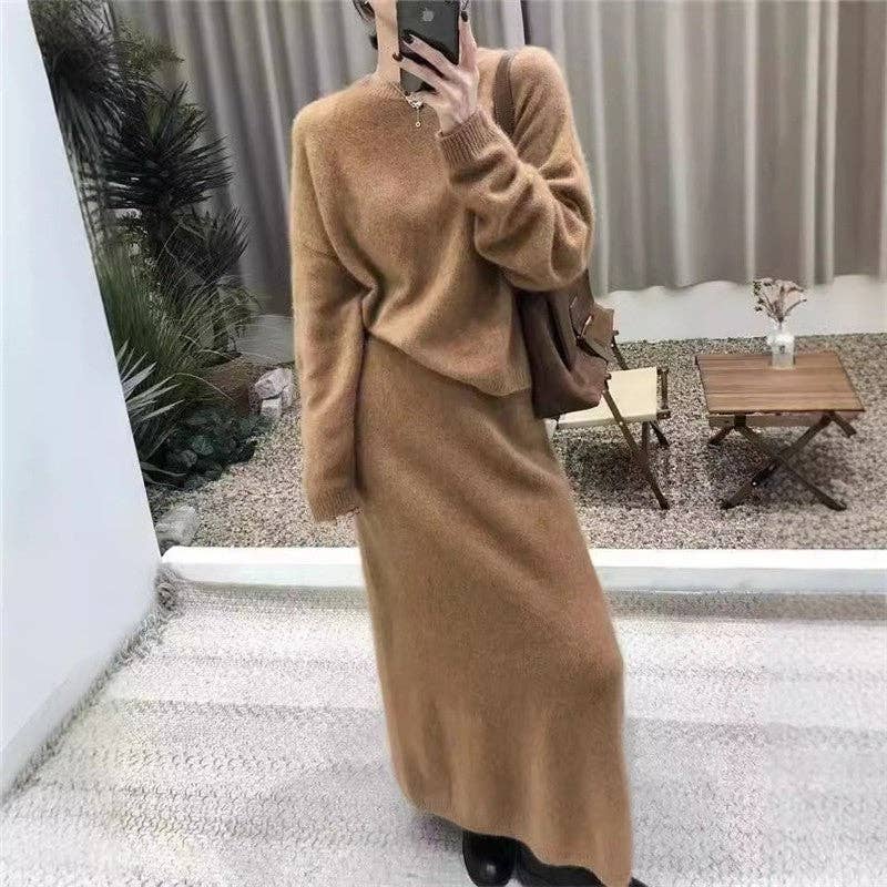 Sheer Trend - Solid Color Straight Skirt Sweater Two Piece Set