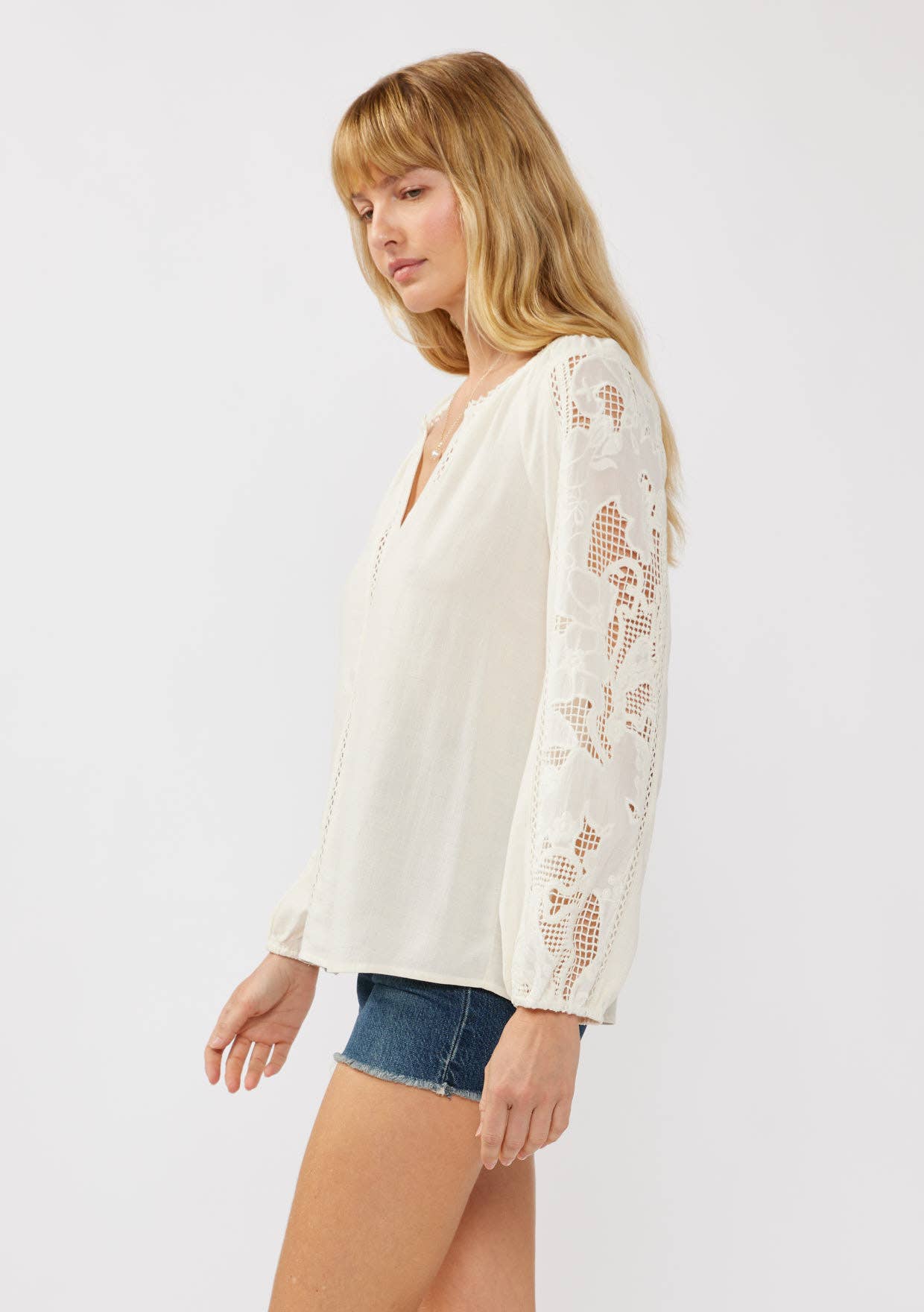 Lovestitch - Embroidered Lace Trim Split Neck Blouse