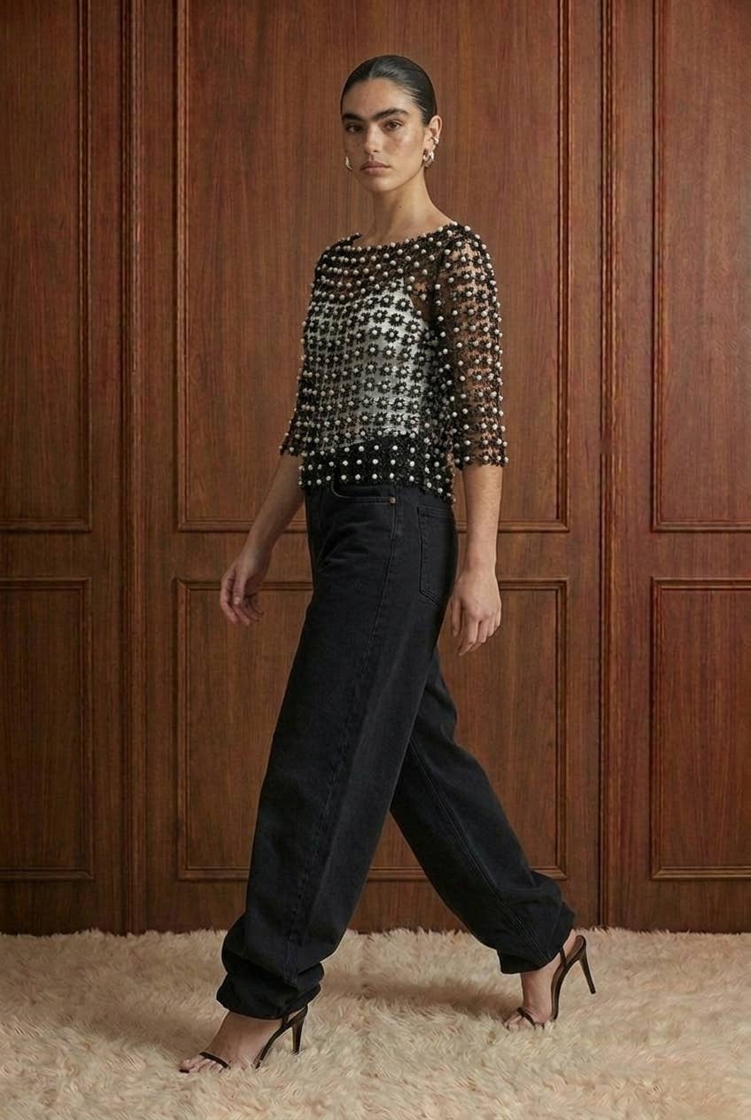 Beulah Style - Floral Guipure Pearl-Embellished Overlay Top