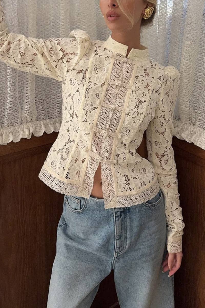 Soli Echo - Elegant Lace Mandarin Collar Blouse