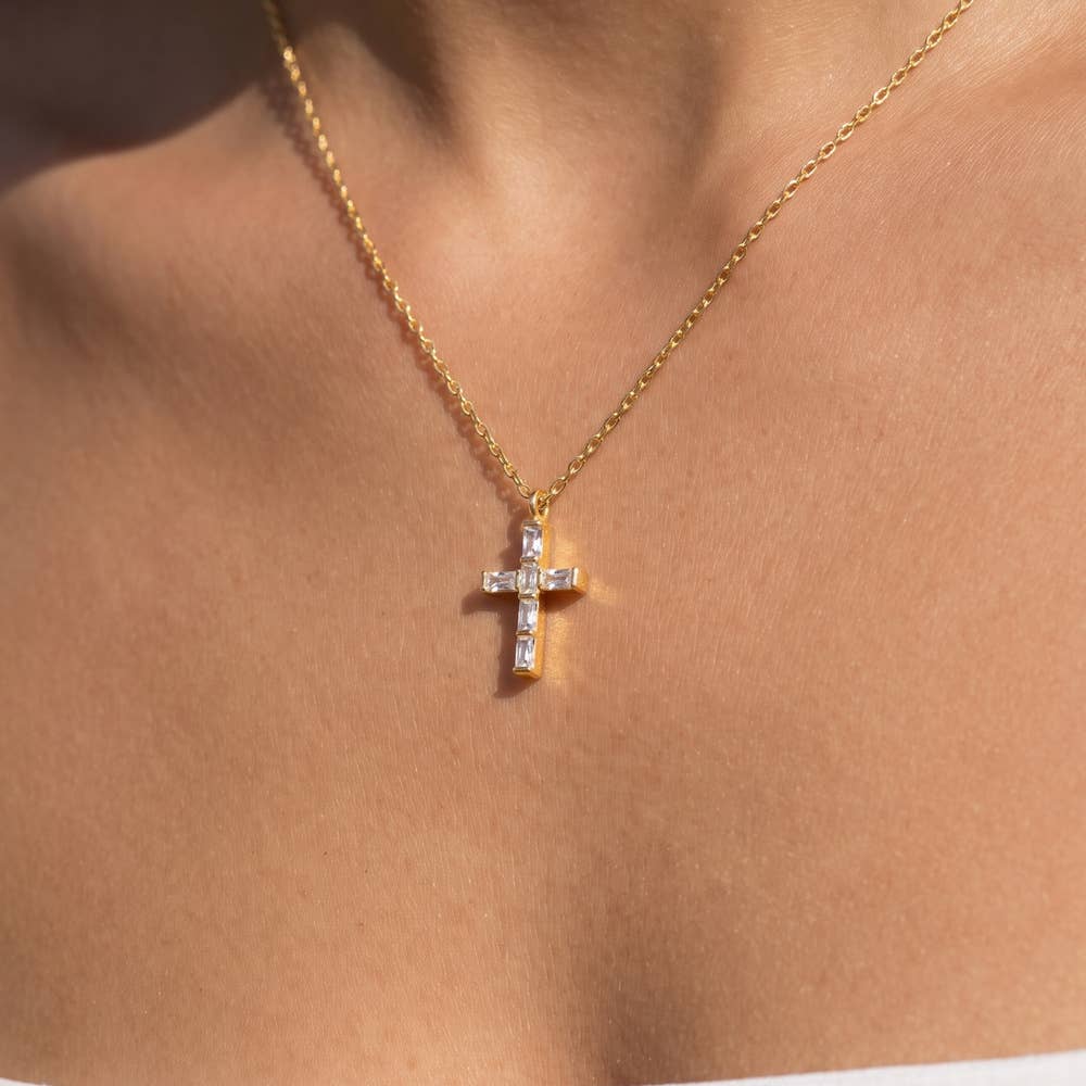 Fame Accessories - 18K Gold Dipped Baguette Cz Cross Necklace