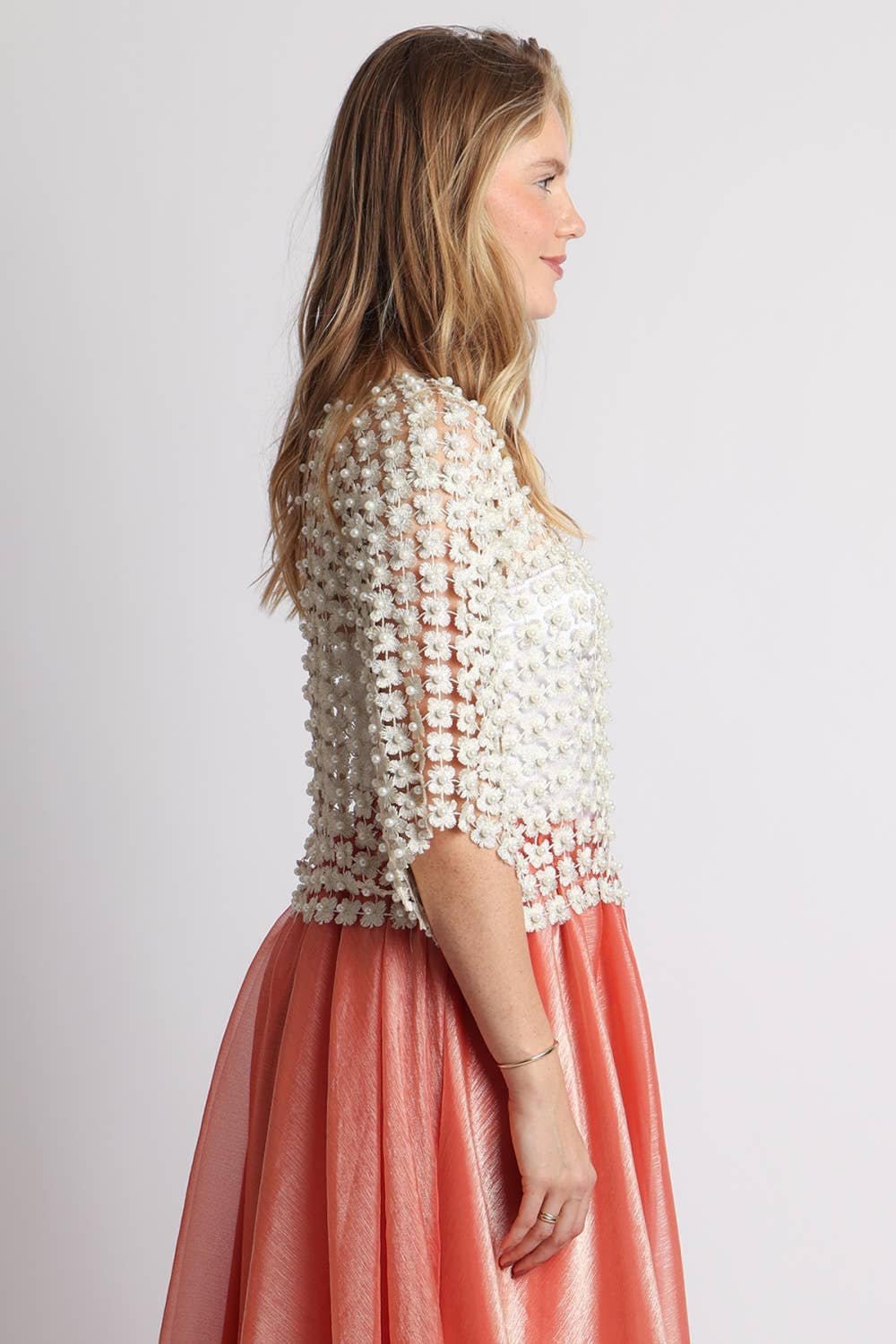 Beulah Style - Floral Guipure Pearl-Embellished Overlay Top