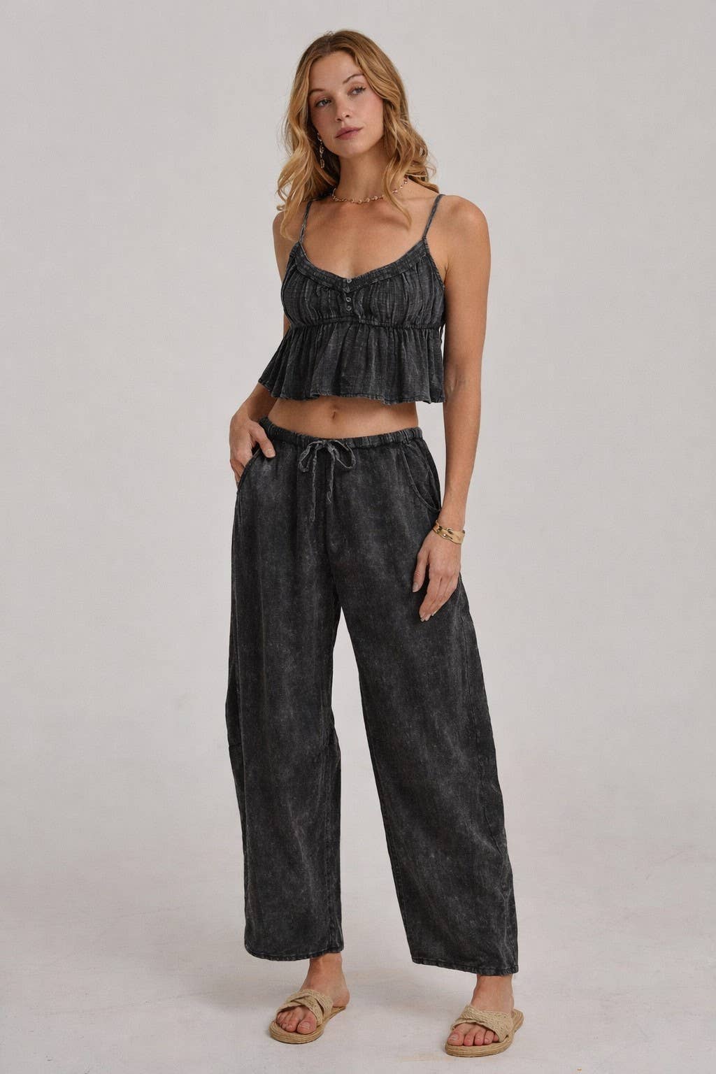 BON - MINERAL WASHED GAUZE CAMI TOP AND BARREL PANTS CASUAL SET