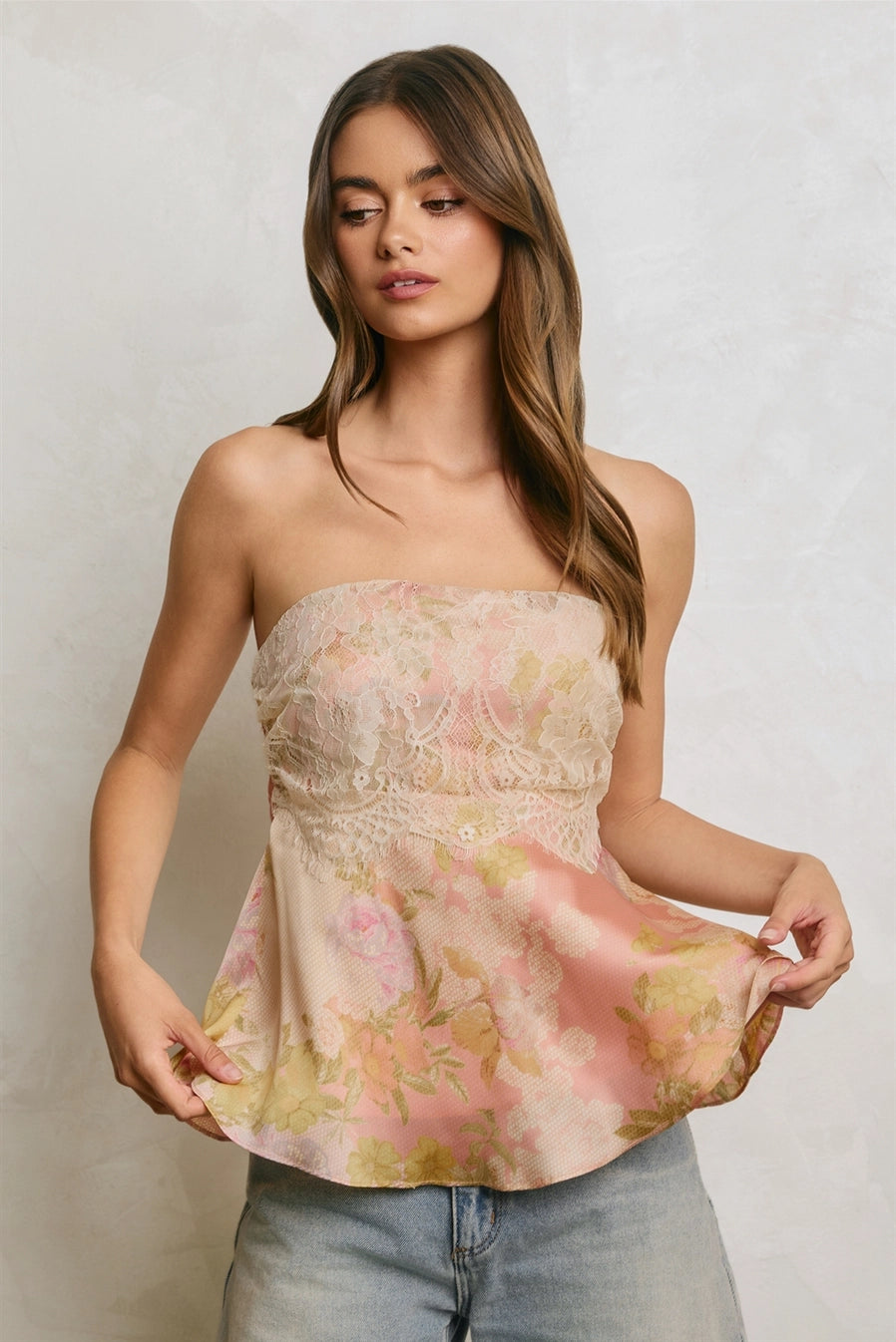 Meadow Romance Strapless Lace Flared Top